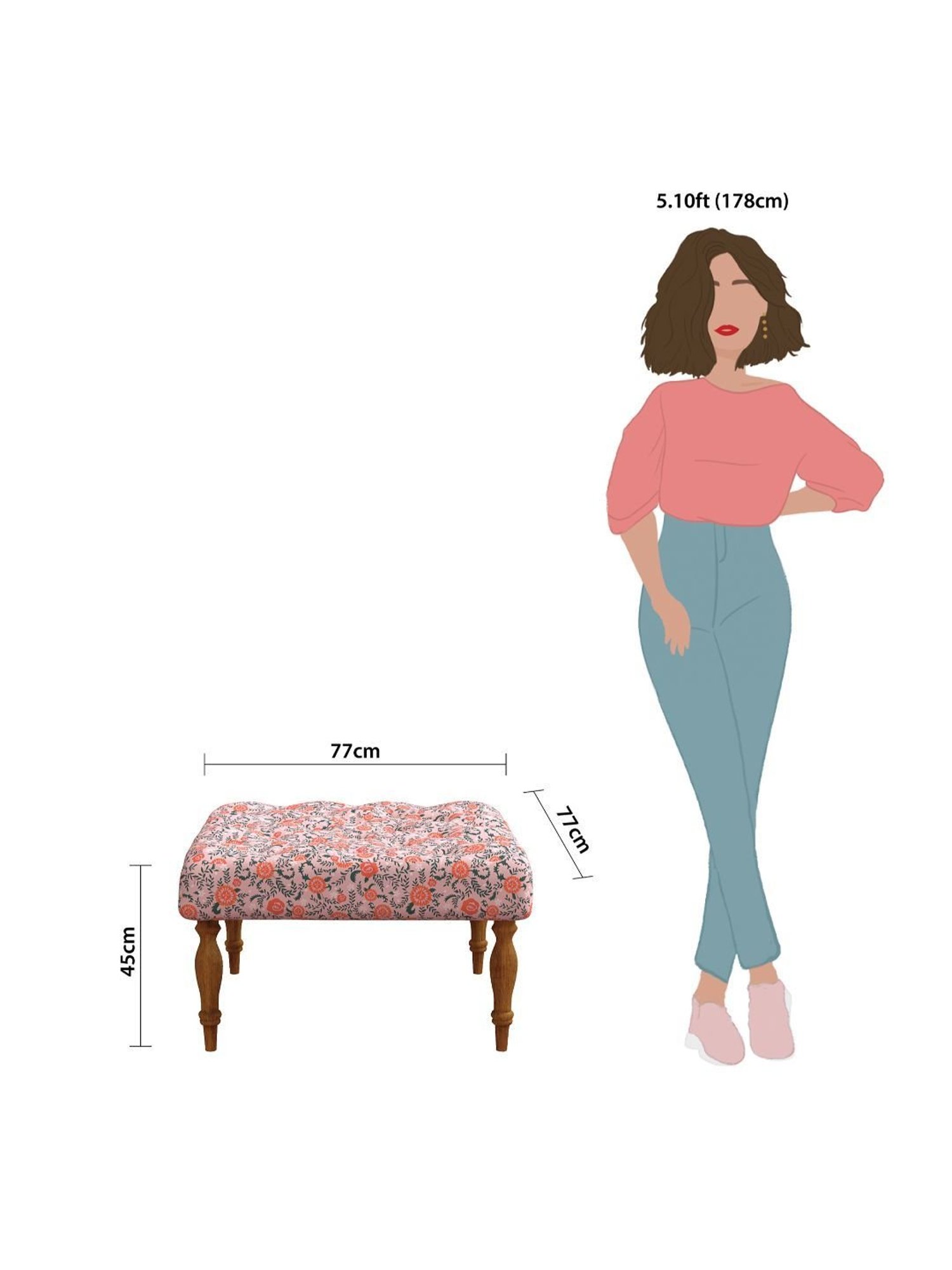 Chumbak Earthy Floral Pink Sheesham Wood English Ottoman