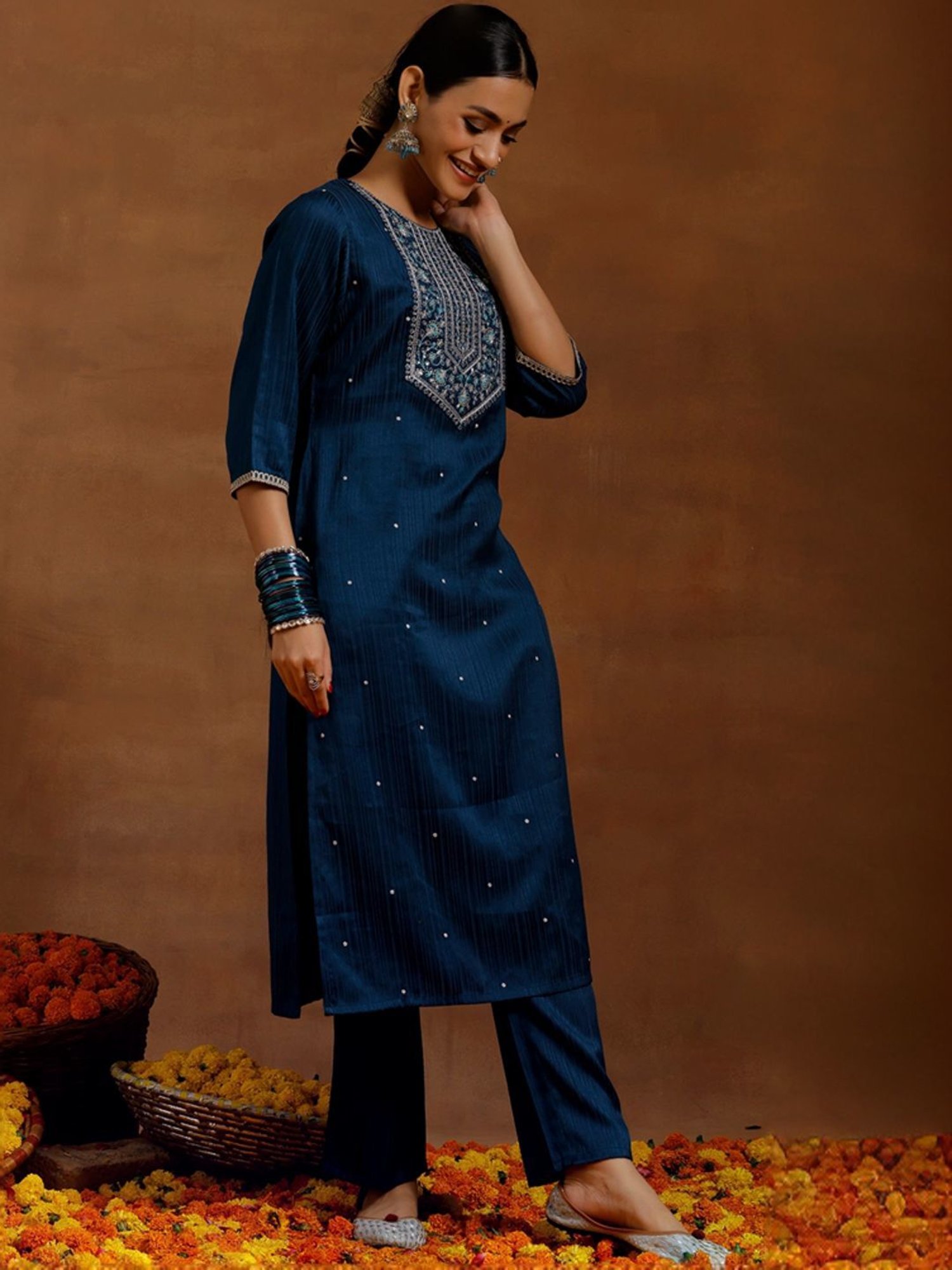 Libas Blue Embellished Kurta Pant Set