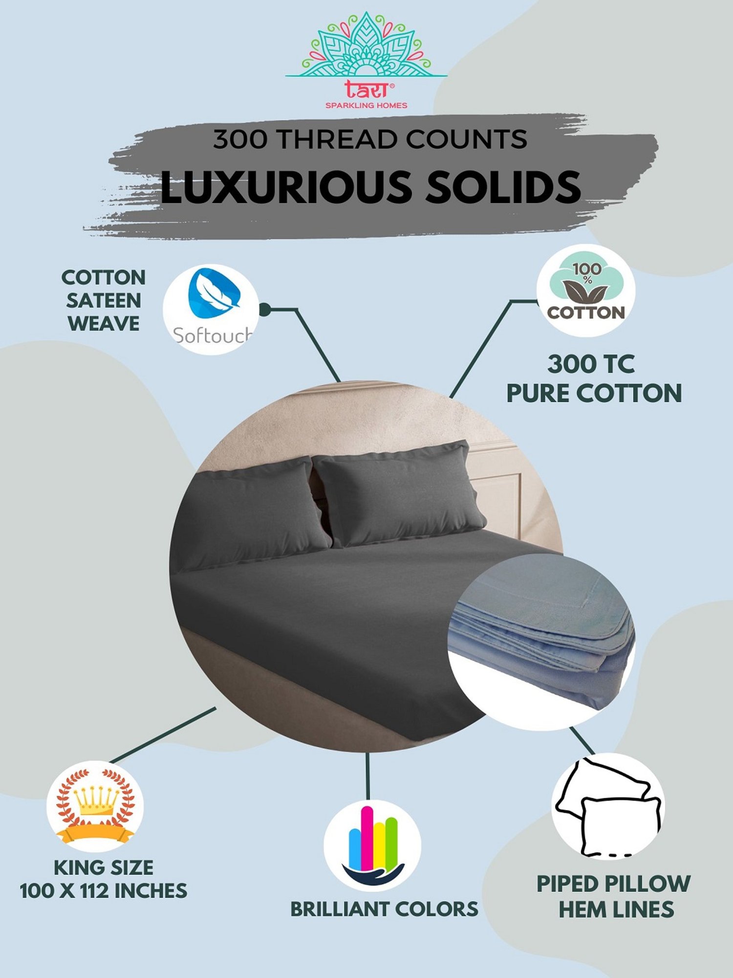 TARA Sparkling Homes Grey 300 TC Cotton King Bedsheet With 2 Pillow Covers