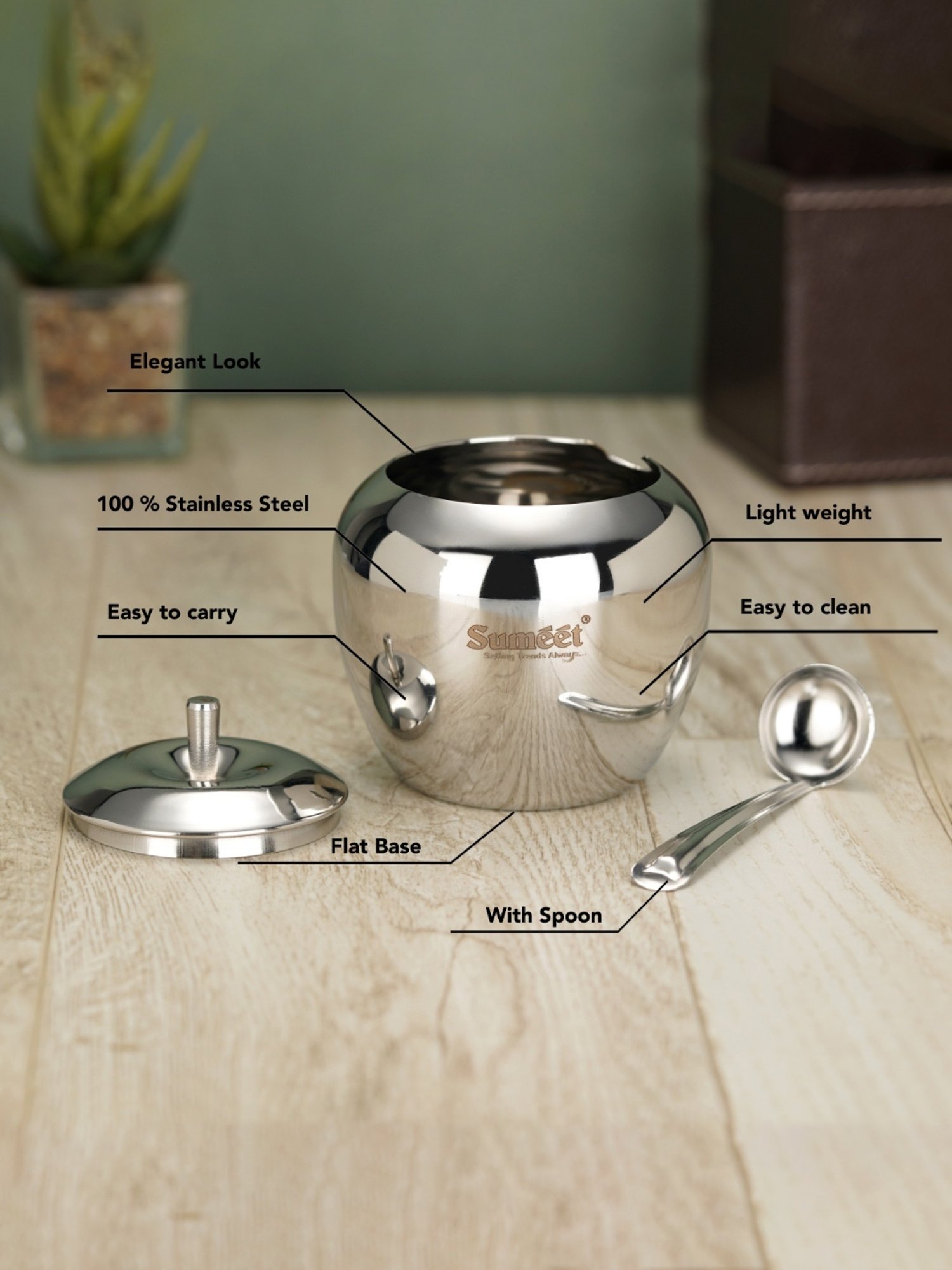 Sumeet S.S.Apple Shape Ghee & Oil Pot,Storage Container with Spoon for Kitchen,9cm,350ML-(Pack of 1)