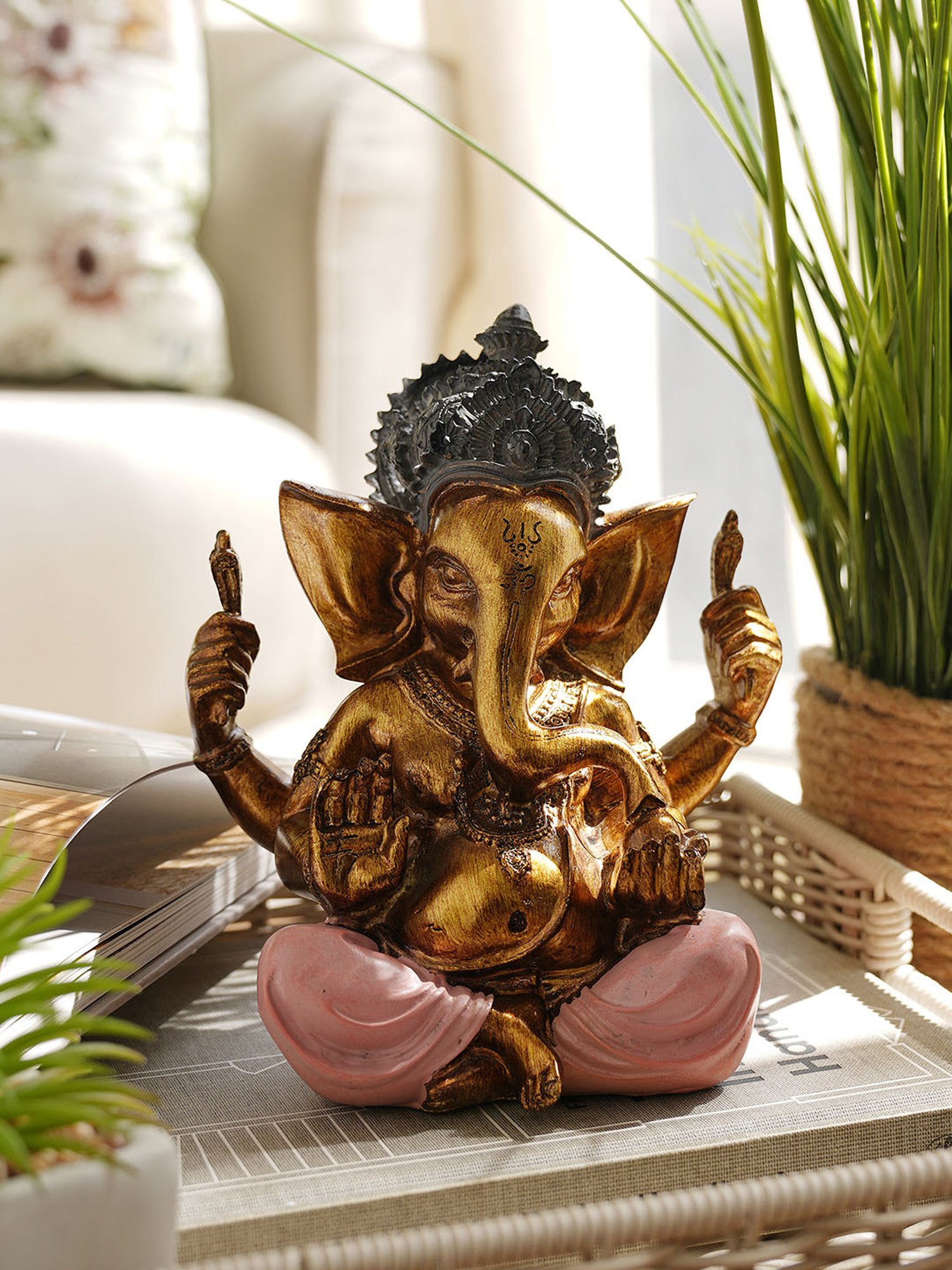 Pure Home and Living Gold & Pink Polyresin Ganesha Idol