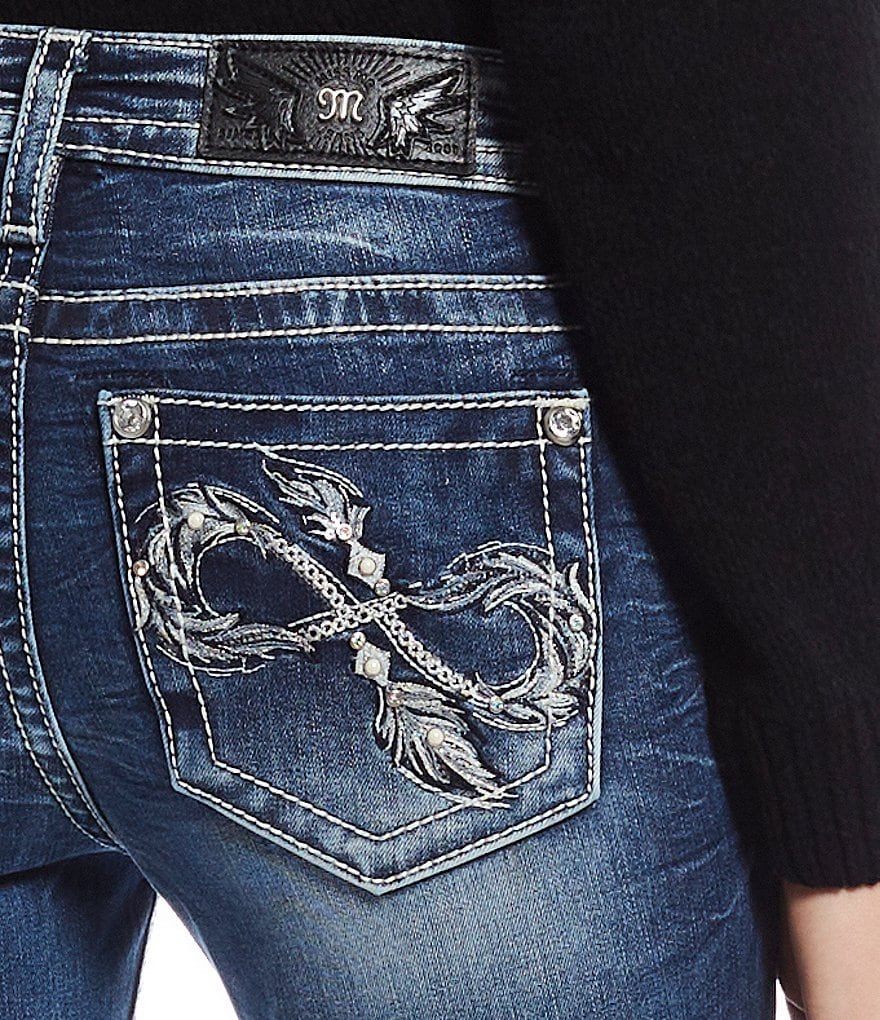 Miss Me Embroidered Infinity Feather Pocket Bootcut Jeans