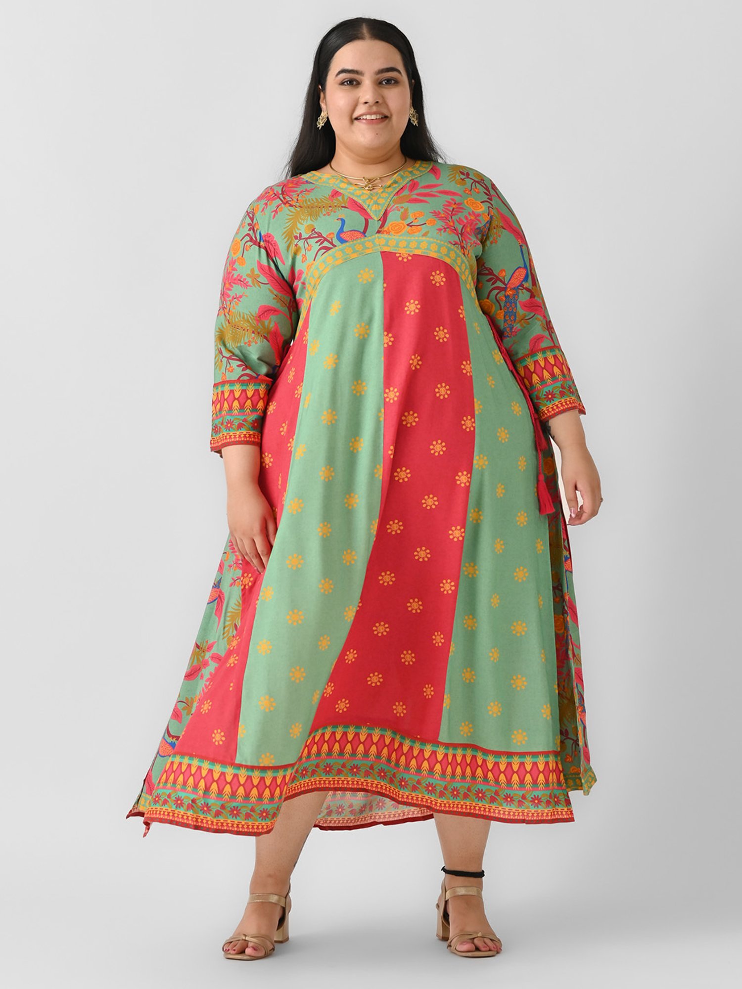 Rustorange Turquoise & Maroon Color-Block Ethnic Dress