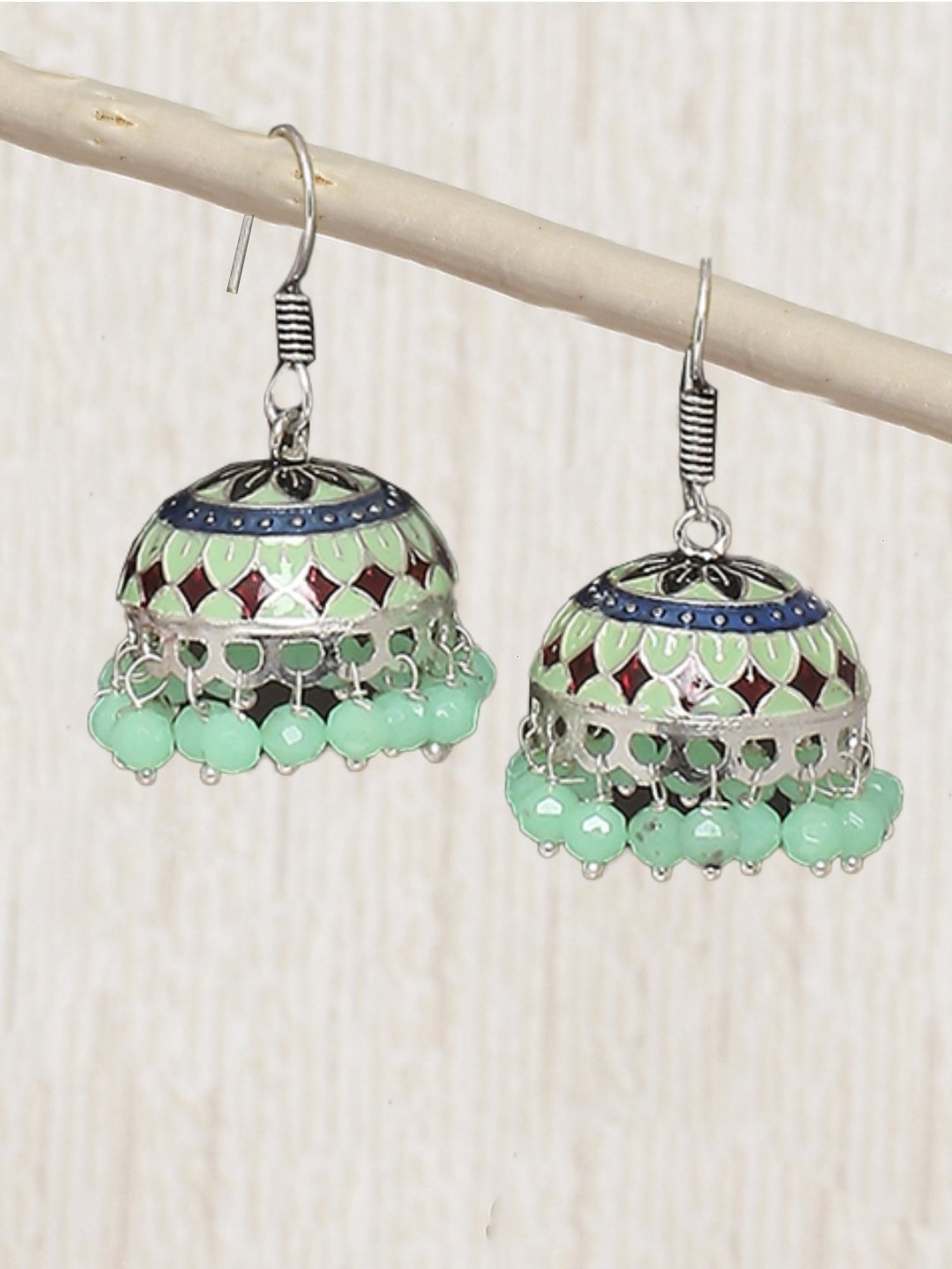 Oomph Oxidized Silver Tone Mint Green Meenakari Ethnic Jhumki Earrings