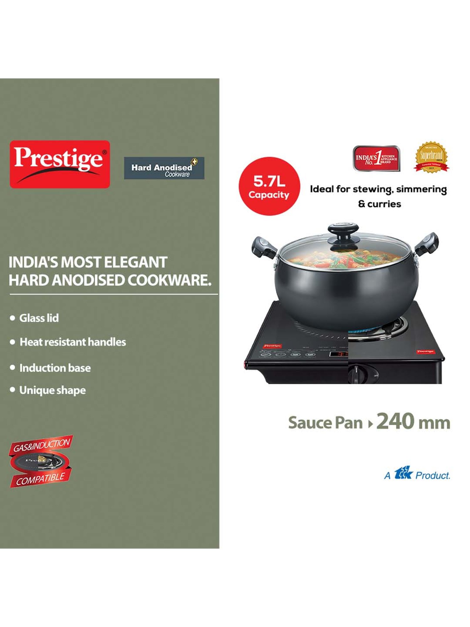 Prestige Black Hard Anodized Aluminium 240 mm Sauce Pan with Lid (5700 ml) - Set of 1