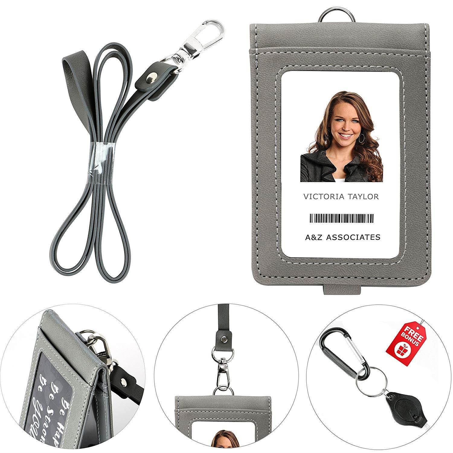 PU Leather Lanyard with Detachable Bifold Wallet with 2 ID Badge Holder Windows & 3 Card Pockets. Carabiner Keychain Flashlight with Key Ring. 17.5'' PU Leather Neck Strap. Gray Color.