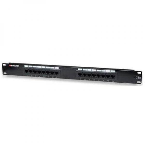Intellinet Cat5e Patch Panel - 16 Port(s) - 16 x RJ-45 - 1U High - Black - 19" Wide - Rack-mountable