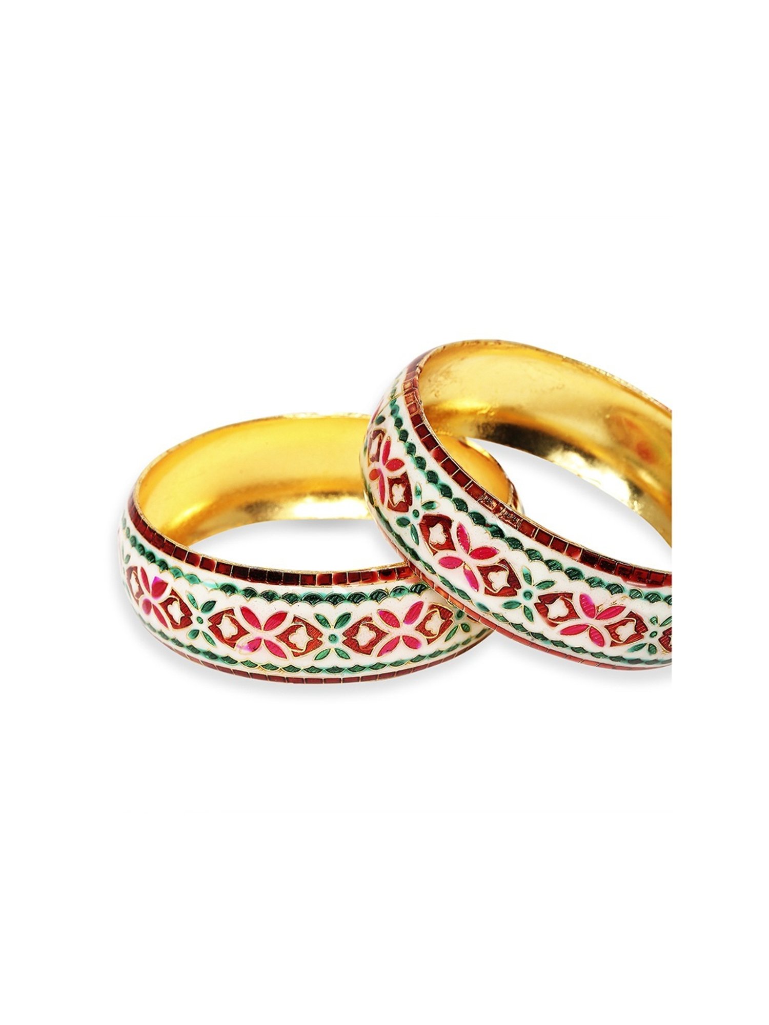 Oomph Jewellery White Red & Green Meenakari Floral Design Brass Bangles - Set of 2