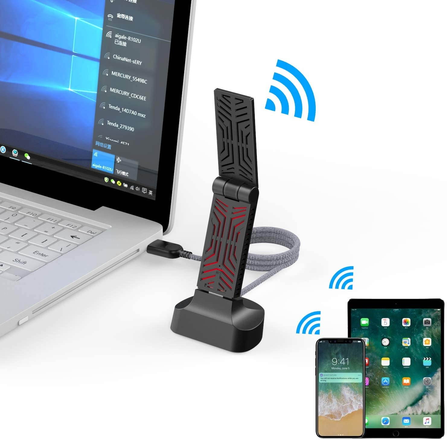 USB WiFi Adapter 1900Mbps Dual Band USB 3.0 WiFi DongleWireless Network Adapter with High Gain Antenna for Windows Mac OS XCradle Included