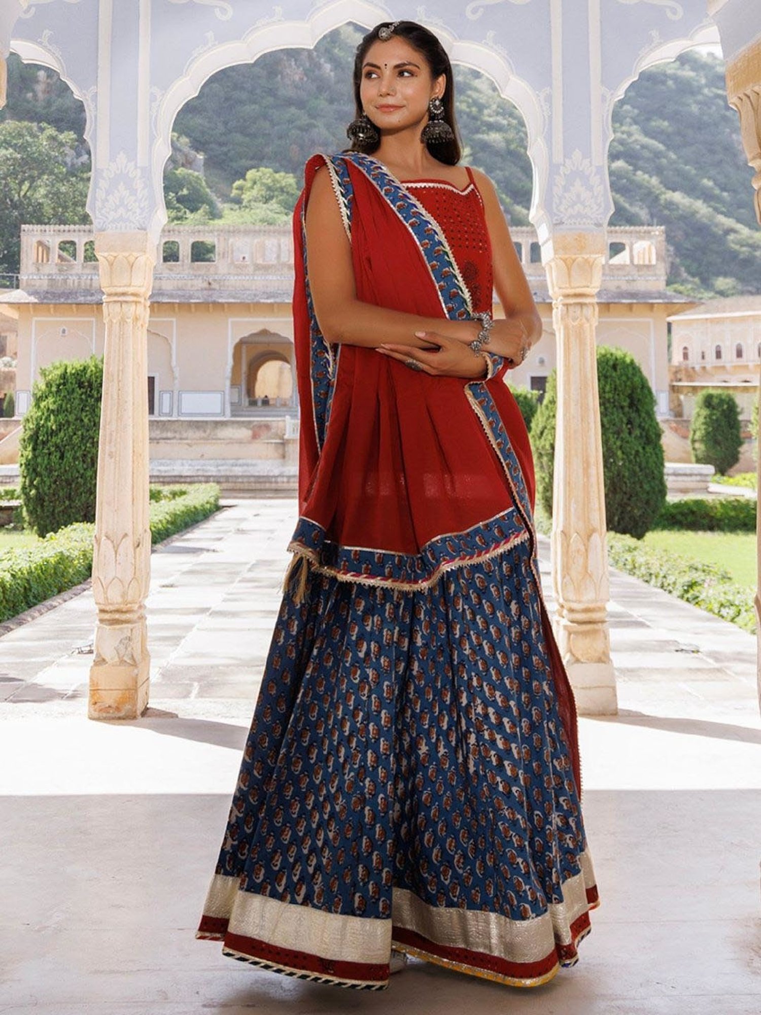 Geroo Jaipur Indigo-Red Pure Cotton Hand Block Printed Skirt Set