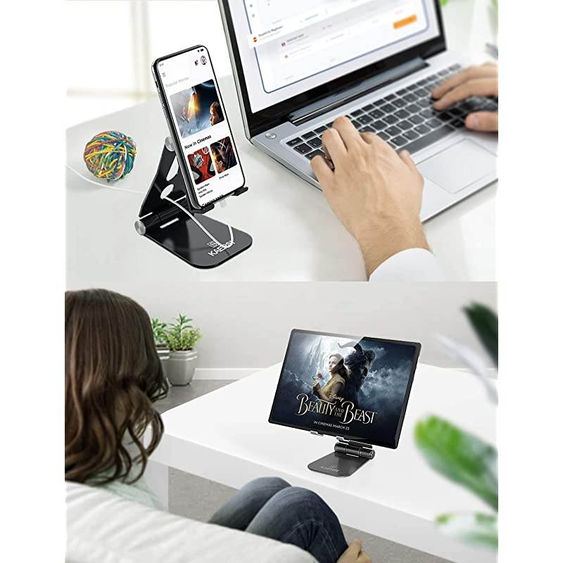 Cell Phone Stand 2 Hinge Adjustable Foldable Phone Stand Holder Cradle Dock for Desk Home Office Travel Compatible with Smartphone Android iPhone 11 Xs XR 8 7 Plus Tablet iPad Black