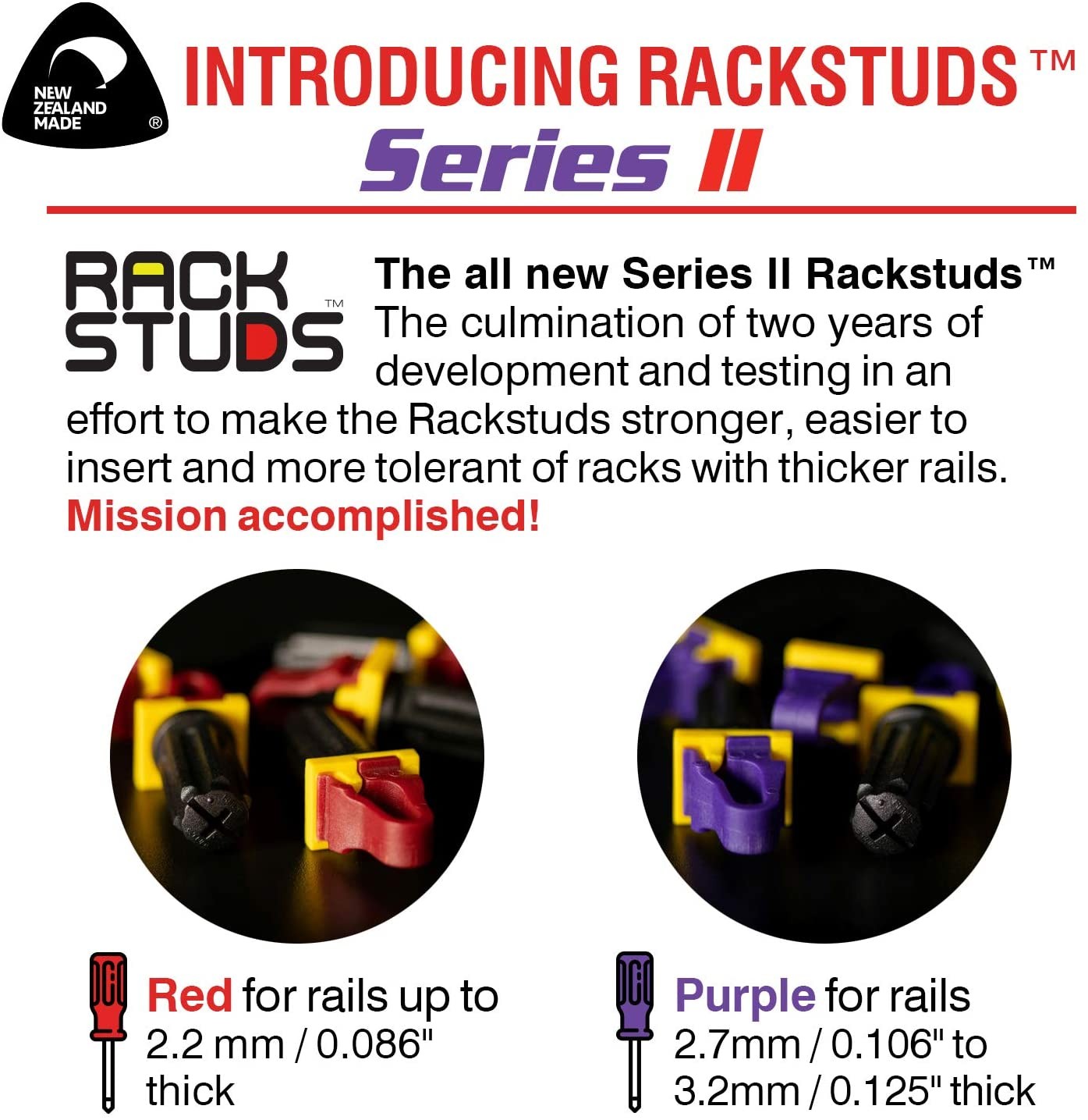 Rackstuds R100 Rack Mount Solution Series II &ndash; No More Cage Nuts! The Easiest and Safest Server Rack Solution in 19" Racks with Square Punched Vertical Rails | 100-pack, Red, 2.2mm/0.086" Version