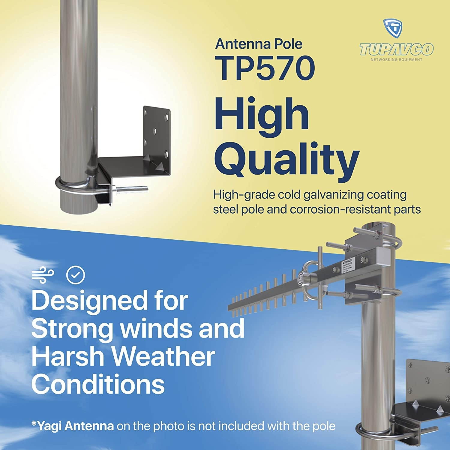 Yagi Directional Antenna 3G/4G/LTE with Pole Mount 10 inch Length - 1.5" Mast Diameter (Mounting Hardware Included) - Tupavco TP514 w/Tupavco TP570