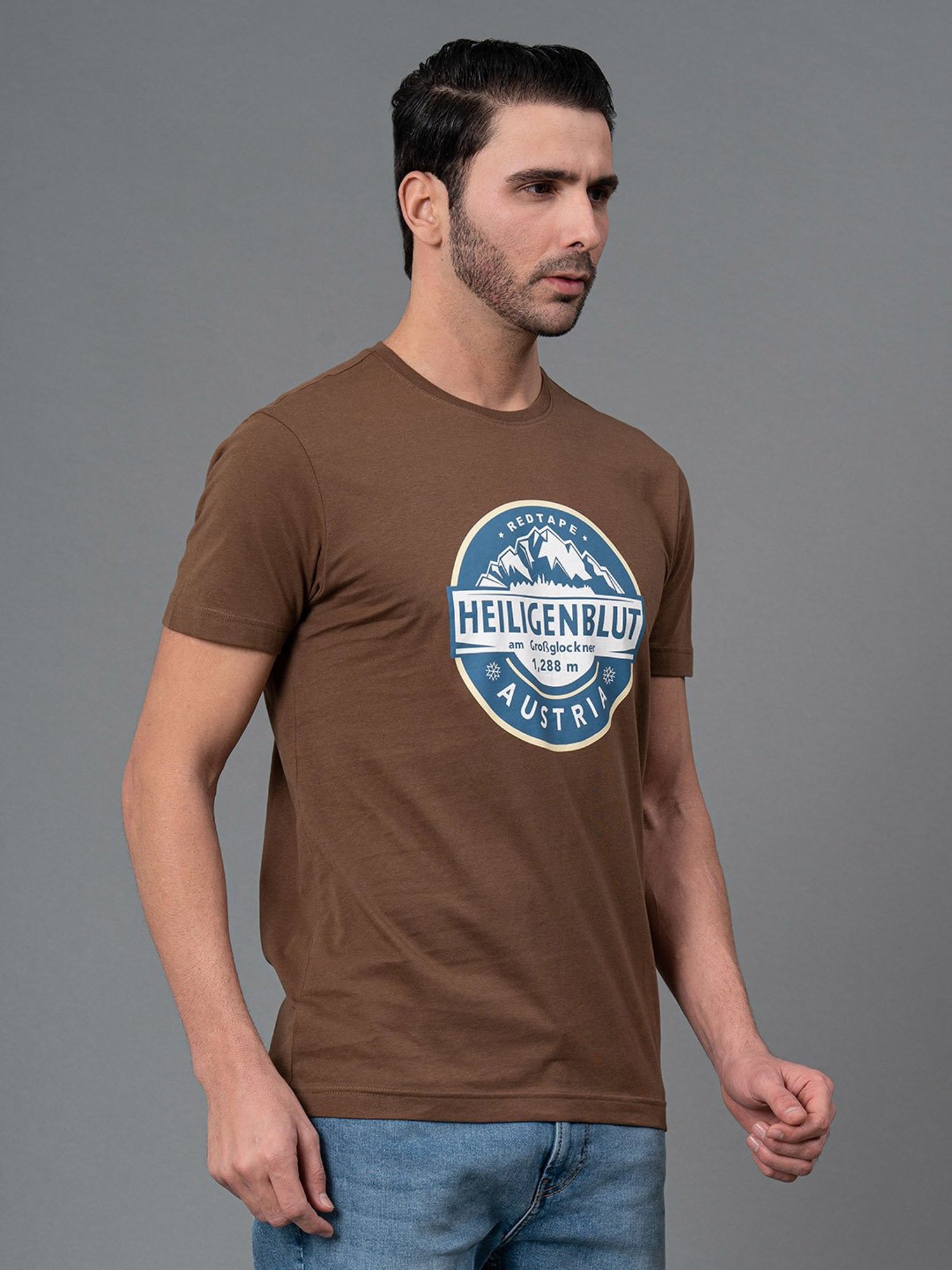 Red Tape Brown Regular Fit Graphic Print Cotton Crew T-Shirt