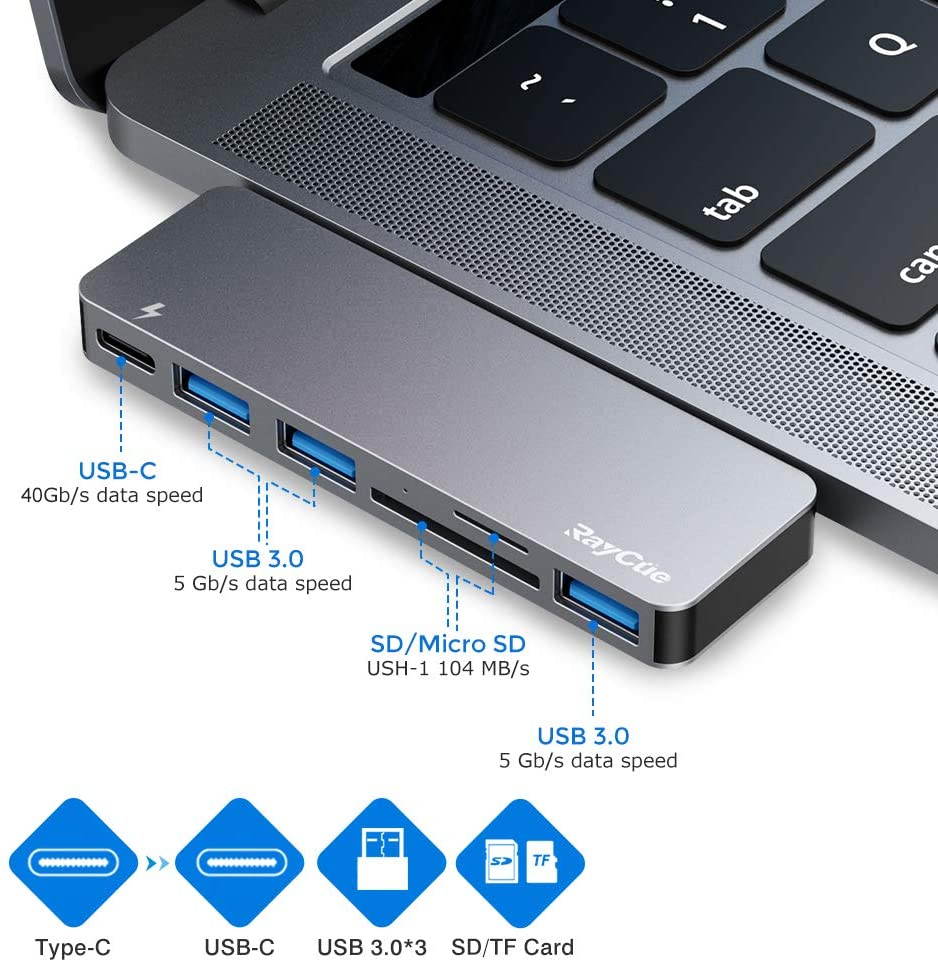 USB C Hub, 6 in 1 Aluminum Type C Hub Adapter, MacBook Pro 2020 Accessories with 3 USB 3.0 Ports, TF/SD Card Reader, USB-C Power Delivery for MacBook Pro 13? and 15? 2016-2019, MacBook Air 2018 2019
