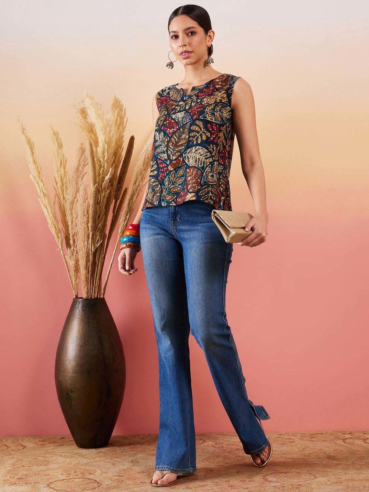 Inweave Teal Blue Printed Top