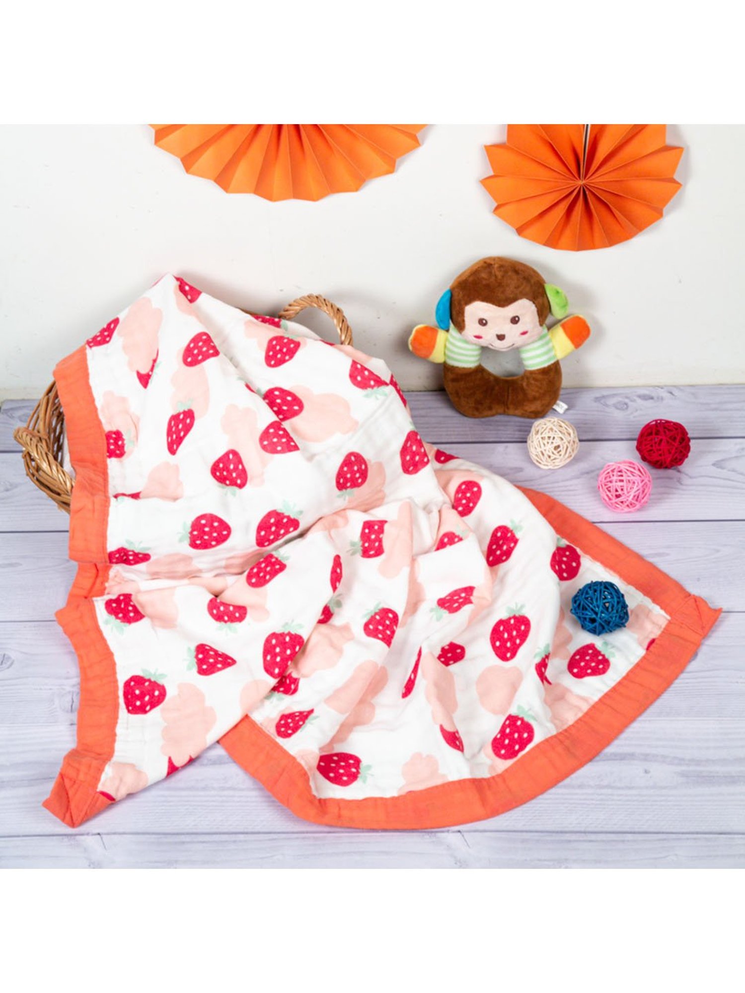Baby Moo Strawberry White and Pink Muslin Blanket