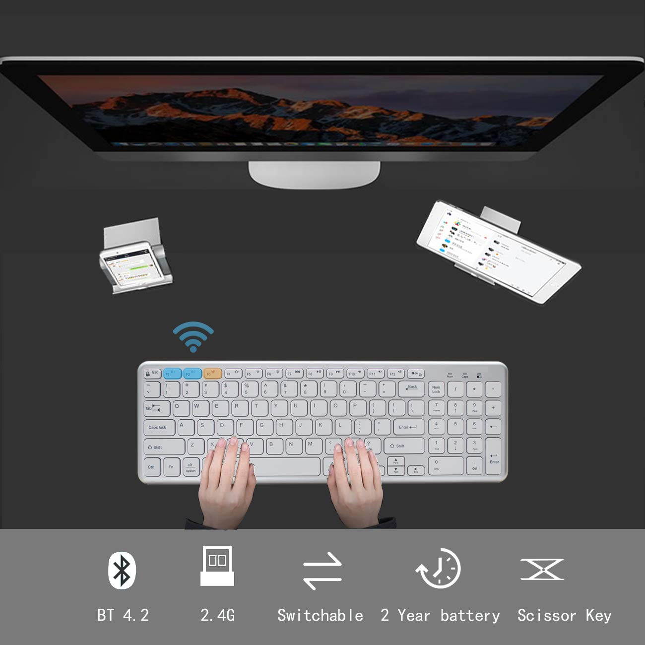 Bluetooth Keyboard for mac,Full Size switchable Multi-Device Keyboard, Wireless Keyboard for mac with Numeric keypad,Keyboard Wireless for Mac,Windows,iOS,Android and The Other moblie Device.(White)