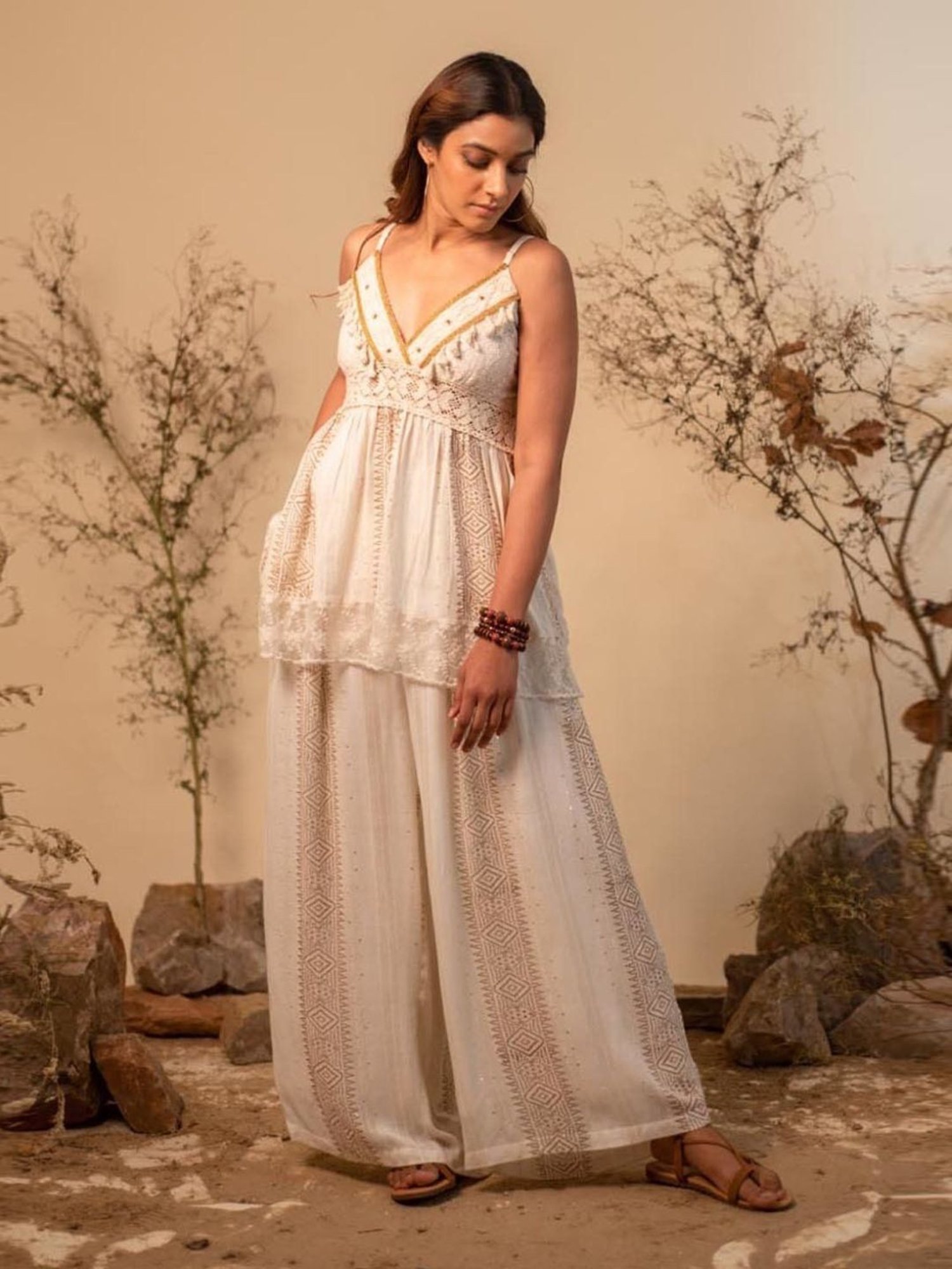 LABEL REYYA Boho Off White Lace Co-ord Set (Set Of 2)