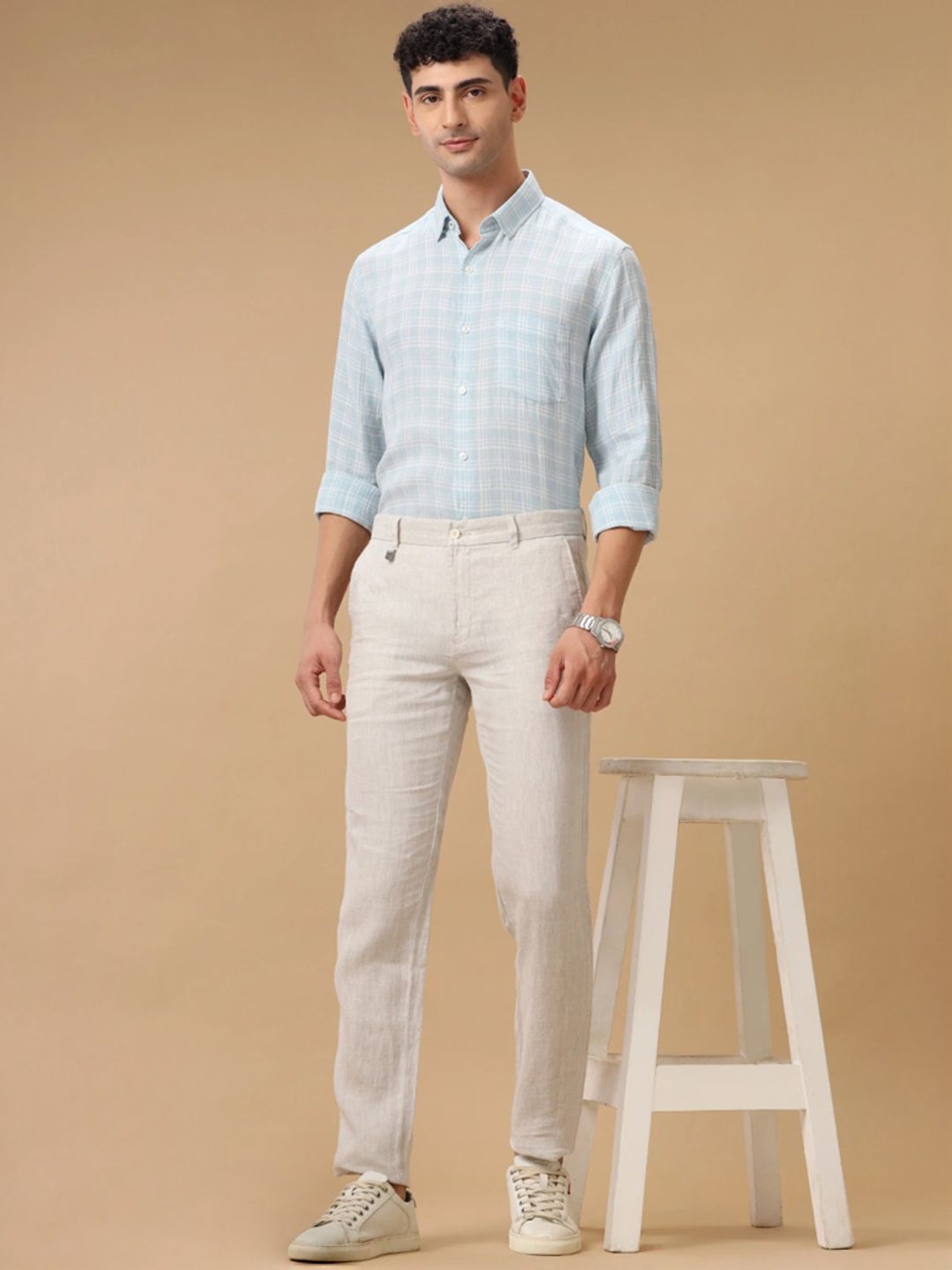 Linen Club Blue Linen Contemporary Fit Checks Shirt