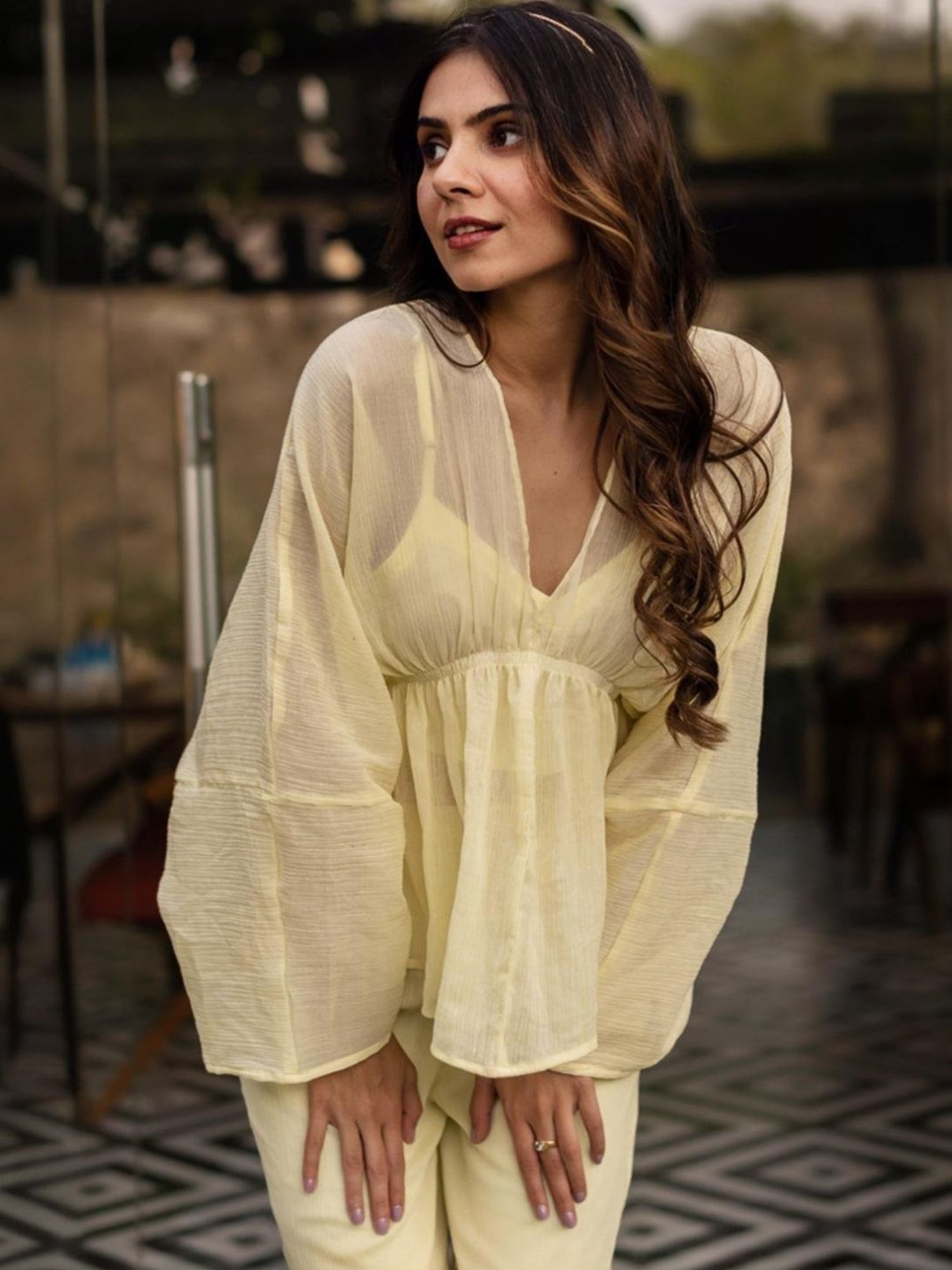 Calmna Lemon Yellow Crinkle Cotton Top with Inner and Pant