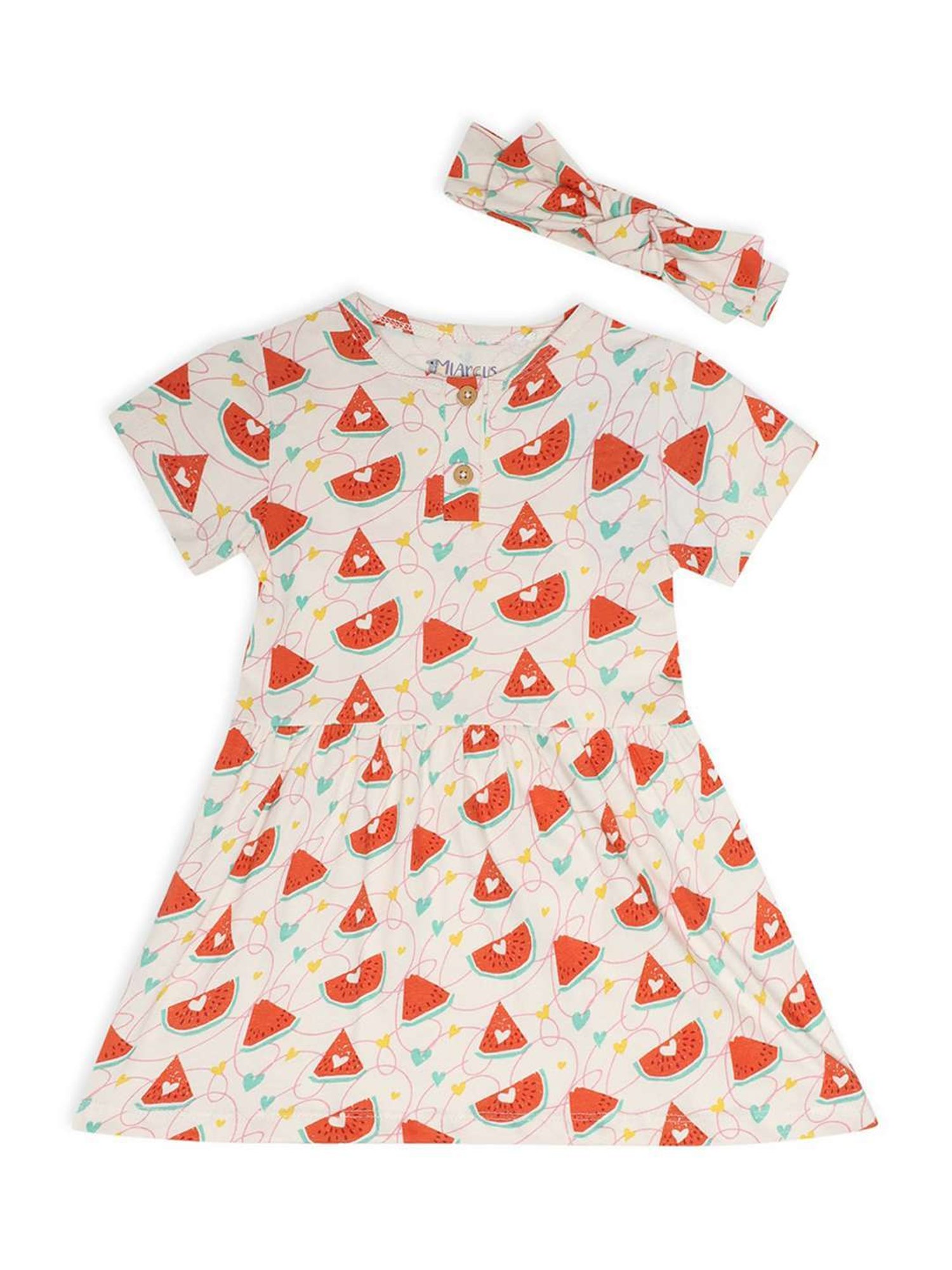 MiArcus Kids Red & Cream Cotton Printed Dress with Headband