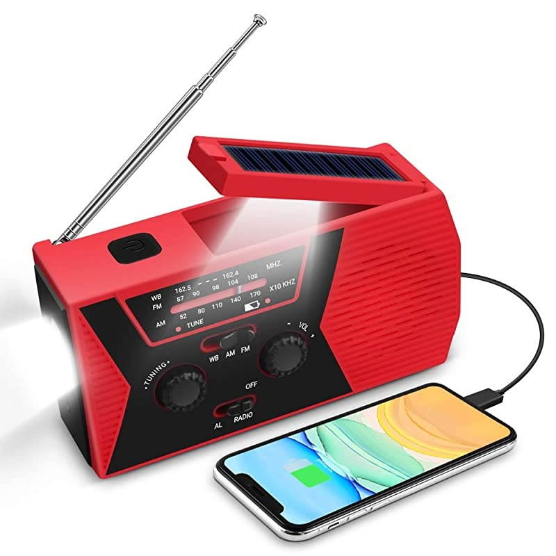 SOS 2000mAh Emergency Solar Hand Crank Portable Radio,NOAA Weather Radio for Household and Emergency with AM/FM,LED Flashlight,Reading Lamp,USB Charger,Battery Indicator (Red 1)