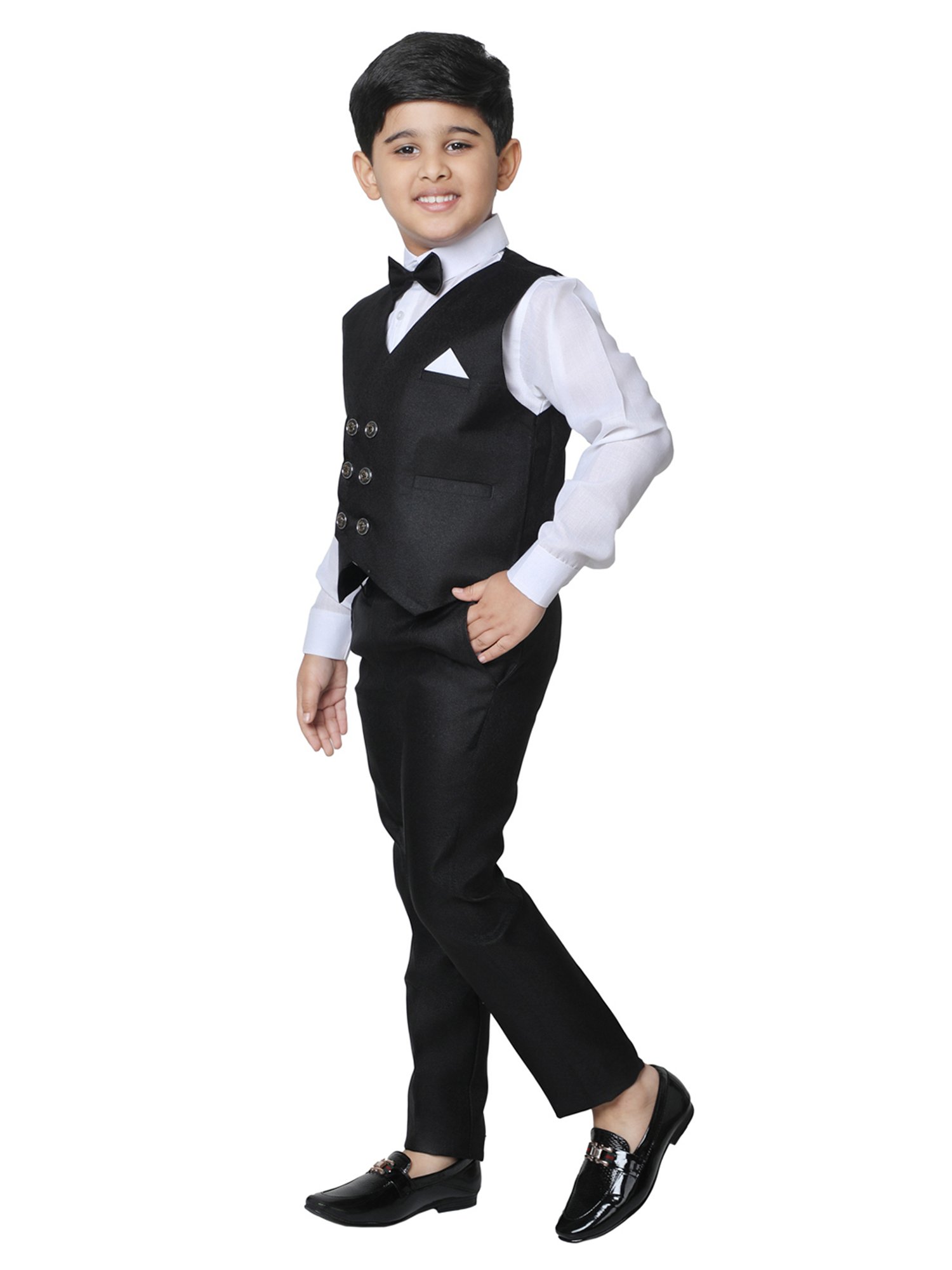 Pro-Ethic Style Developer Kids Black & White Solid Full Sleeves Shirt, Waistcoat, Pants with Bow