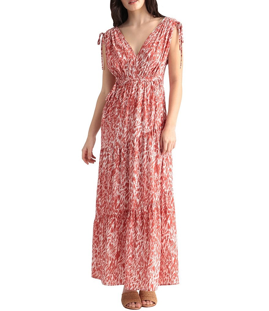 Maggy London Animal Print V-Neck Sleeveless Asymmetric Tiered Maxi Dress