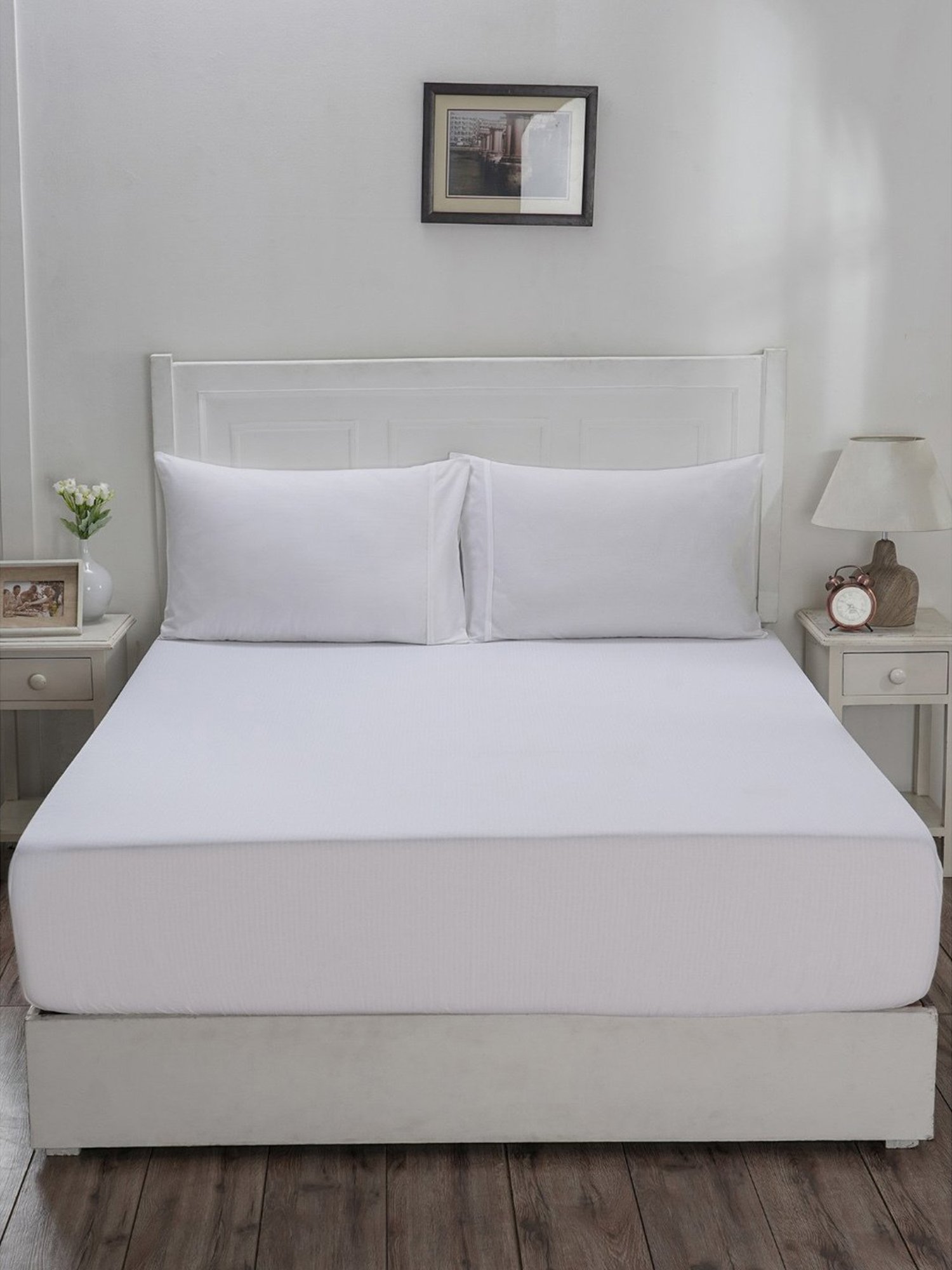 Maspar Colorart Eden White 144 TC Cotton Single Fitted Bed Sheet With 1 Pillow Cover