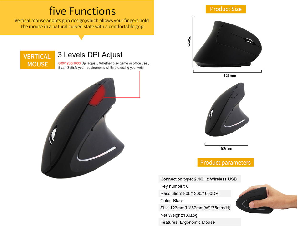 Sovawin Wireless Mouse 800 1200 1600 DPI Optical Mice Vertical Ergonomic Wrist Healing Mouse For Desktop Computer PC Game Mice