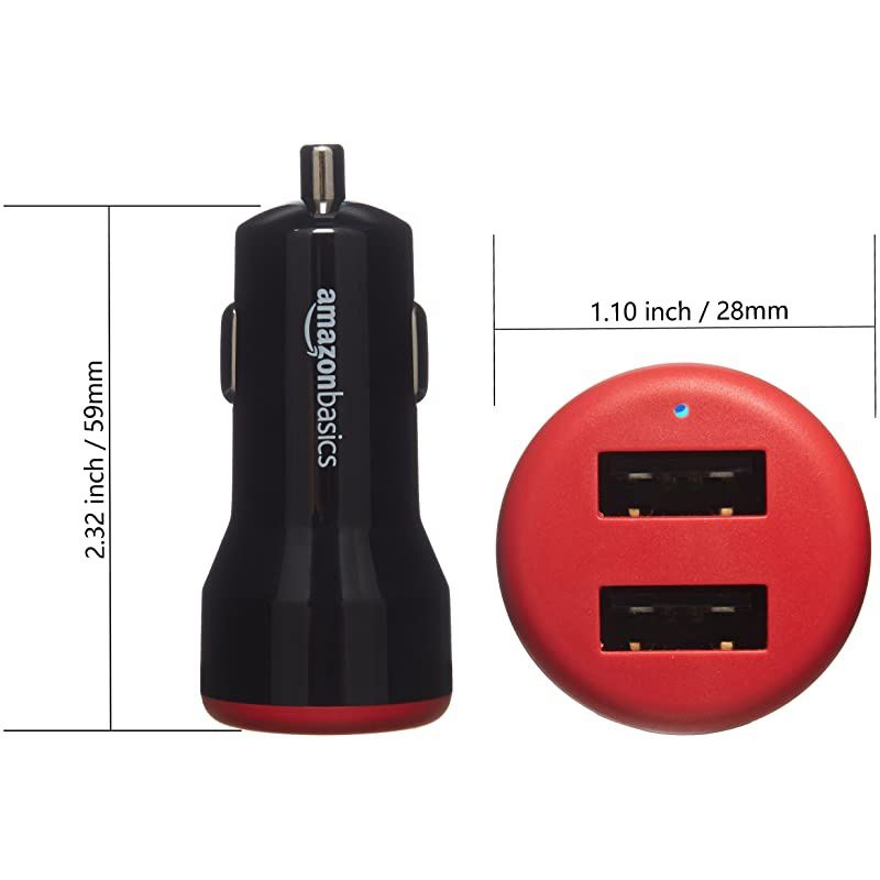 DualPort USB Car Charger Adapter for Apple and Android Devices 48 Amp 24W Black and Red