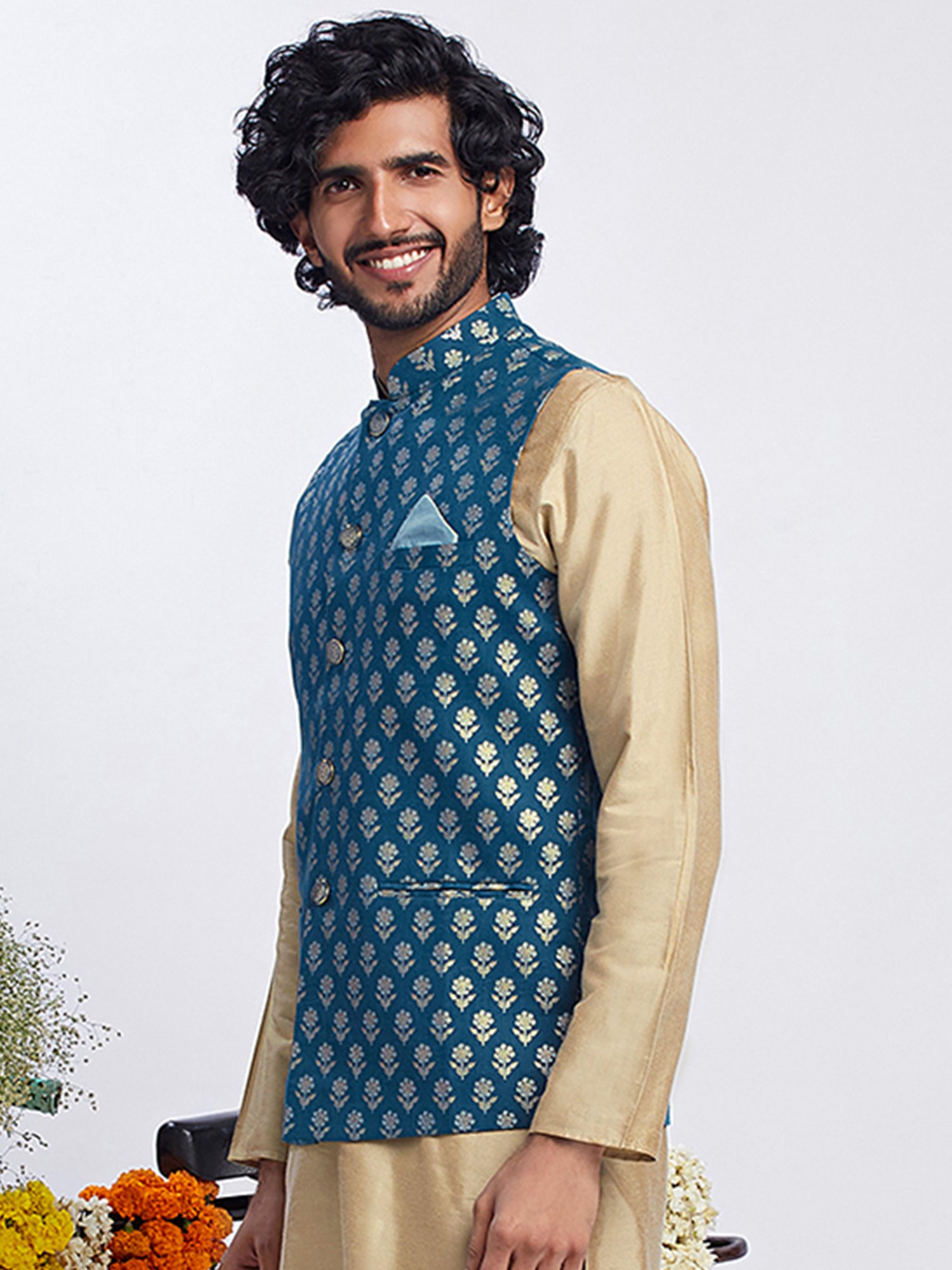 KISAH Teal Regular Fit Printed Nehru Jacket