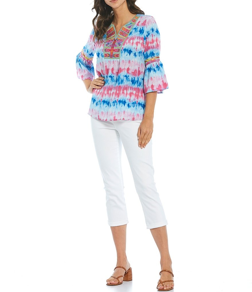 Calessa Petite Size Embroidered Neck Tie Dye Bell Cuff Sleeve Tunic