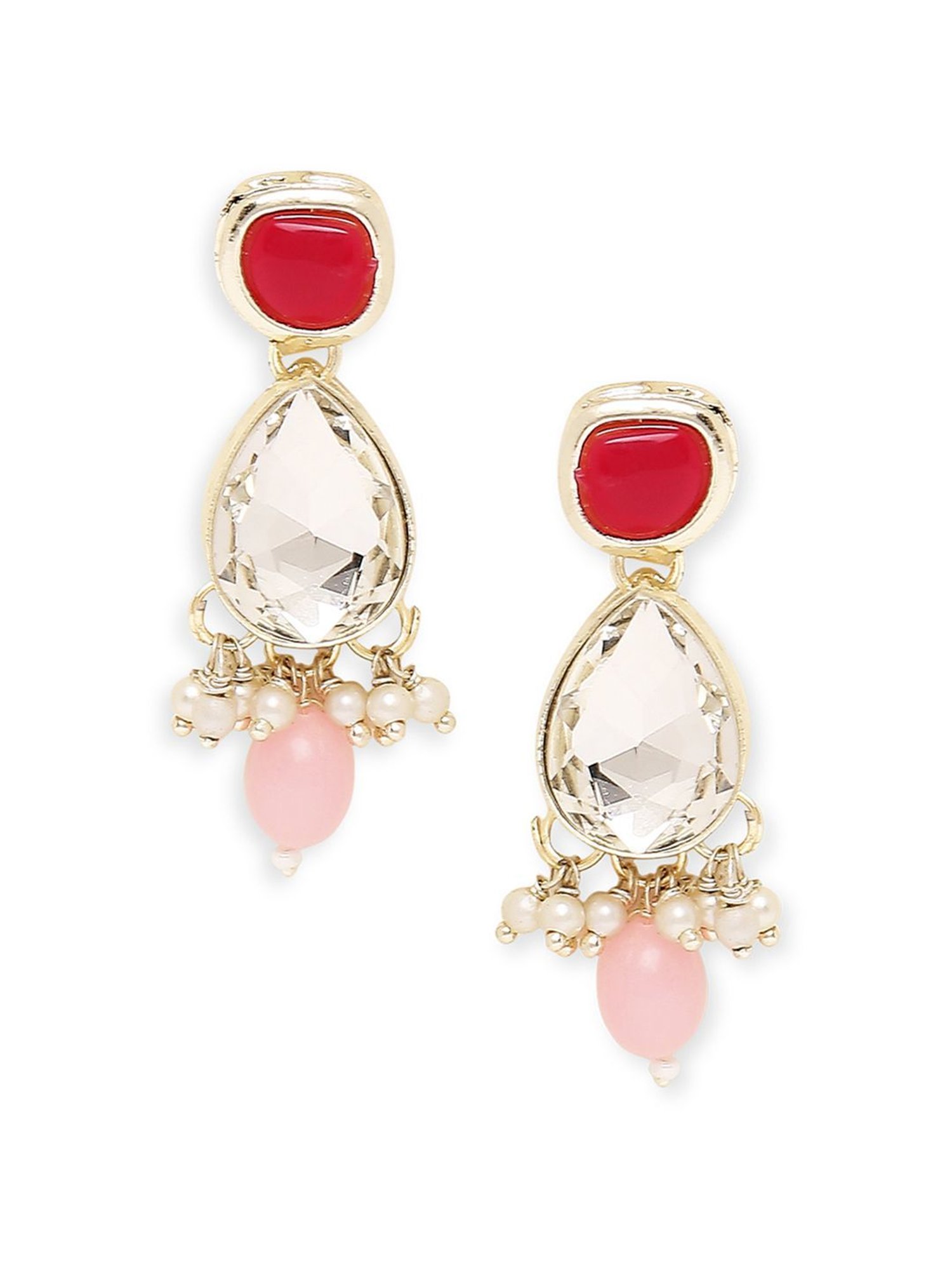 OOMPH Pink & Red Beads & Kundan Ethnic Choker Necklace Set for Women