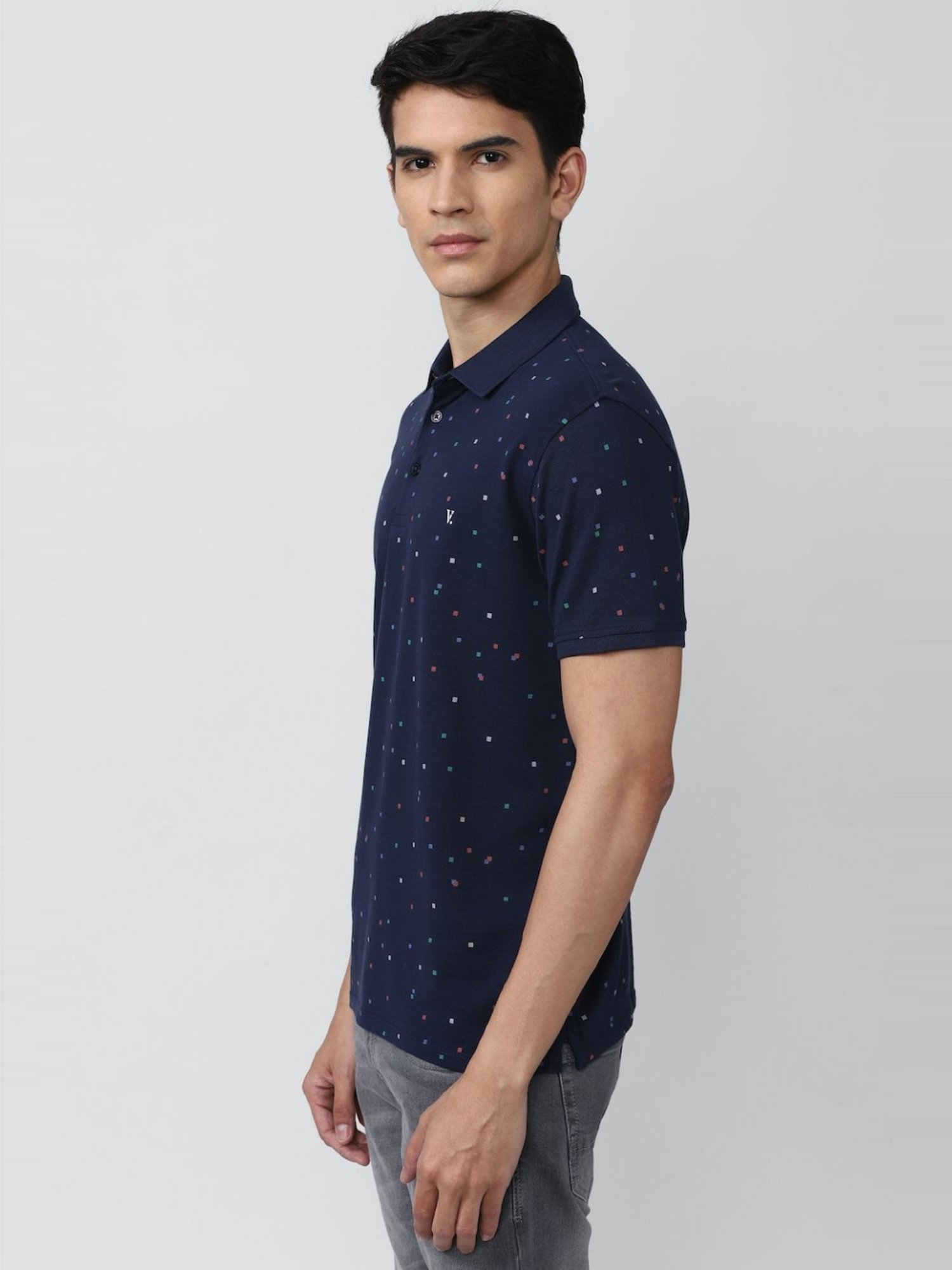V Dot Navy Cotton Slim Fit Printed Polo T-Shirt