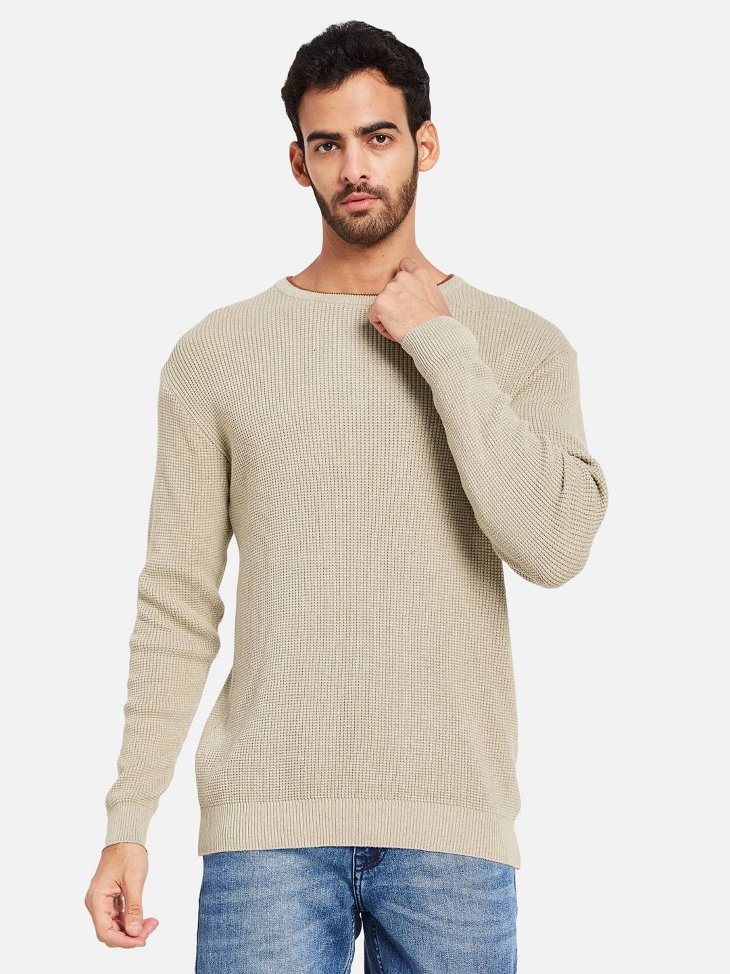 METTLE Khaki Cotton Regular Fit Sweater