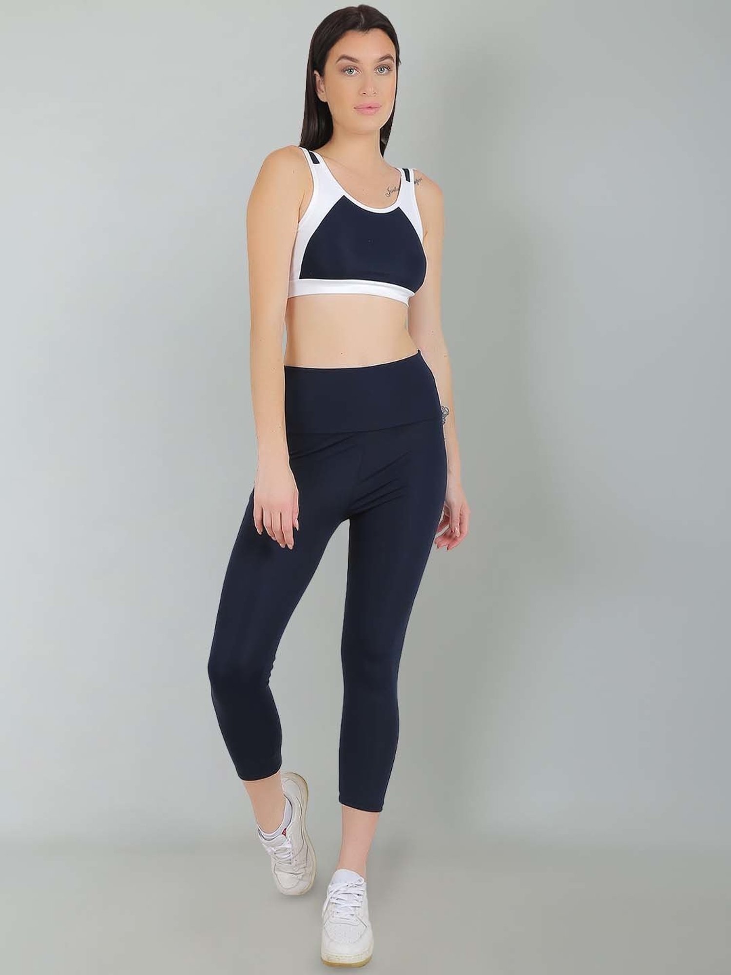 N-Gal Navy & White Printed Sports Bra With Tights Set