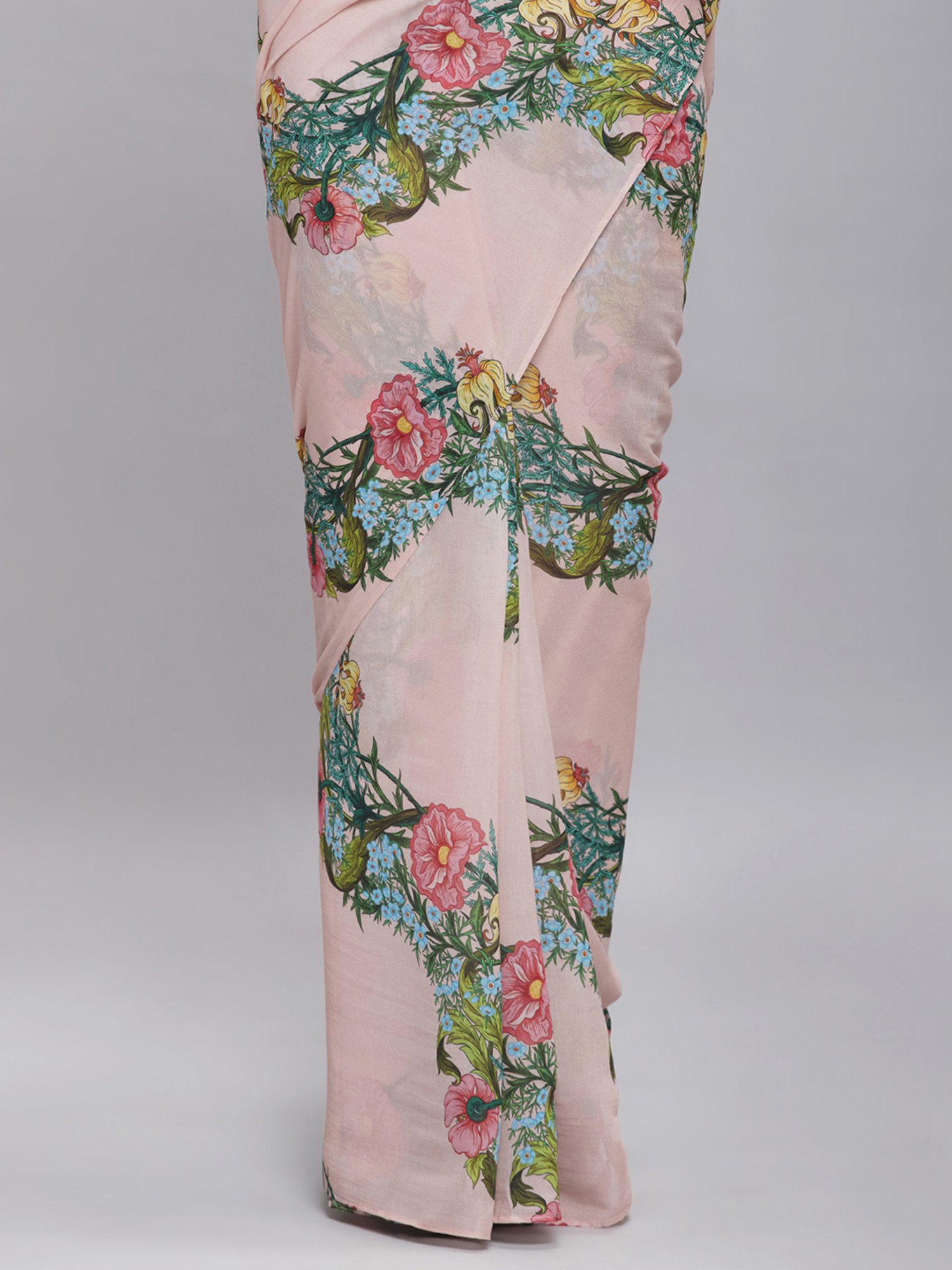 navyasa by liva Light Peach Floral Print Saree With Unstitched Blouse