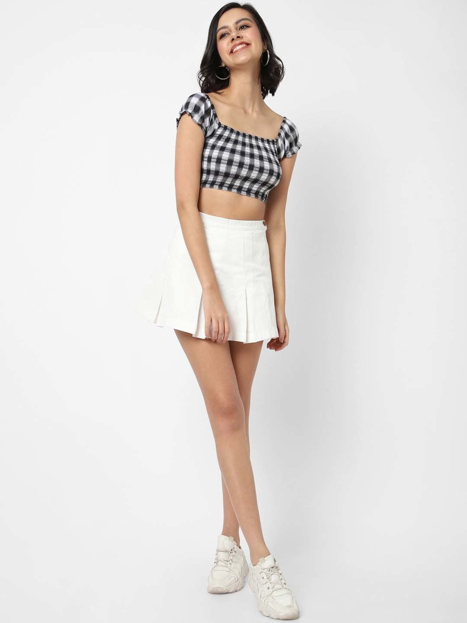 VASTRADO Black & White Cotton Chequered Crop Top