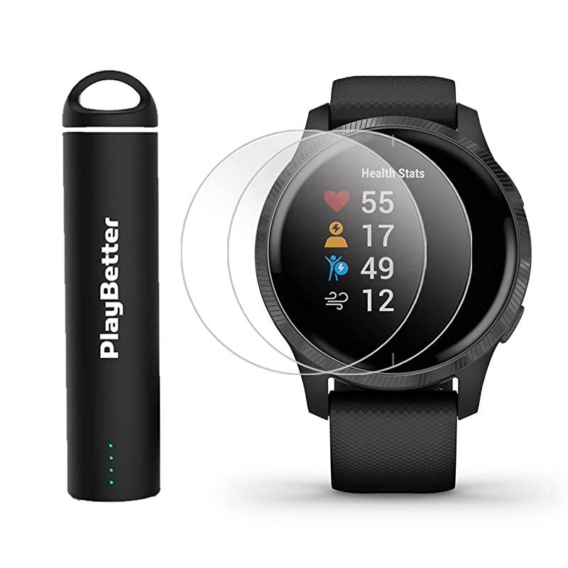 Garmin Venu (Black/Slate) Power Bundle | +HD Screen Protectors (x4) &  Portable Charger | AMOLED Display, Spotify | Fitness GPS Smartwatch