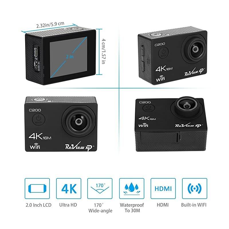 C500 4K Action Camera 14MP HD Wi-Fi Waterproof 30fps Sports Video Underwater Camcorder 170&deg; Angle Dual Screen 2 Batteries Accessories Kit Carrying Case Remote Control - Black