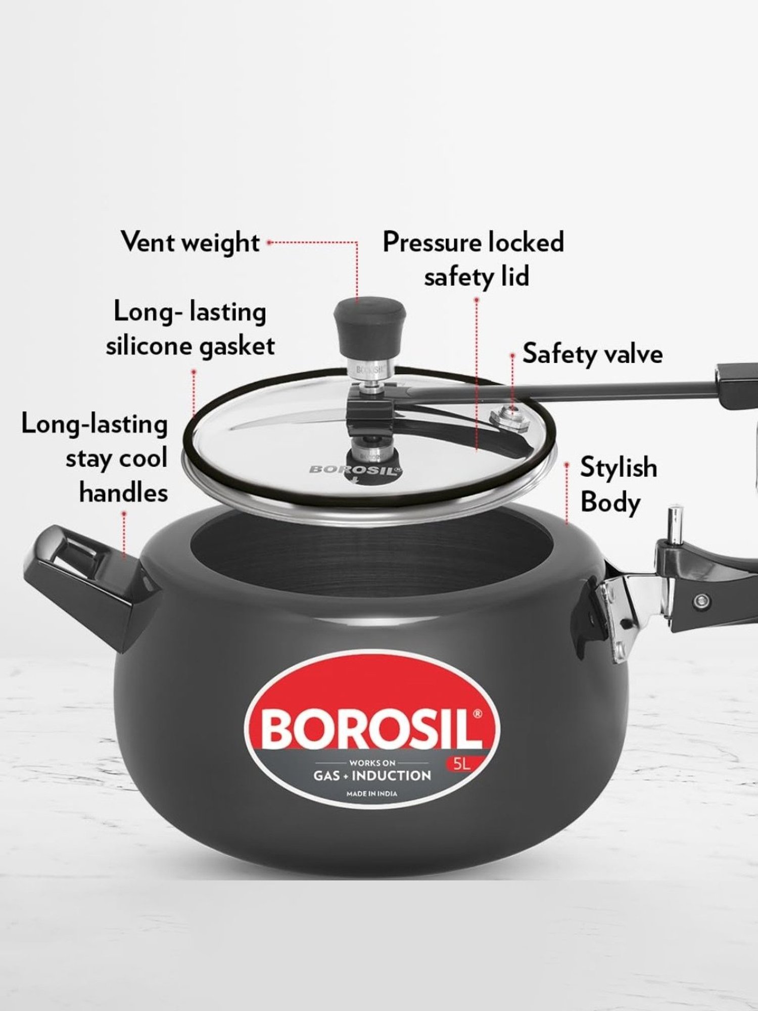 Borosil Black Aluminium 5L Pressure Cooker with Gas Stove & Induction Compatible