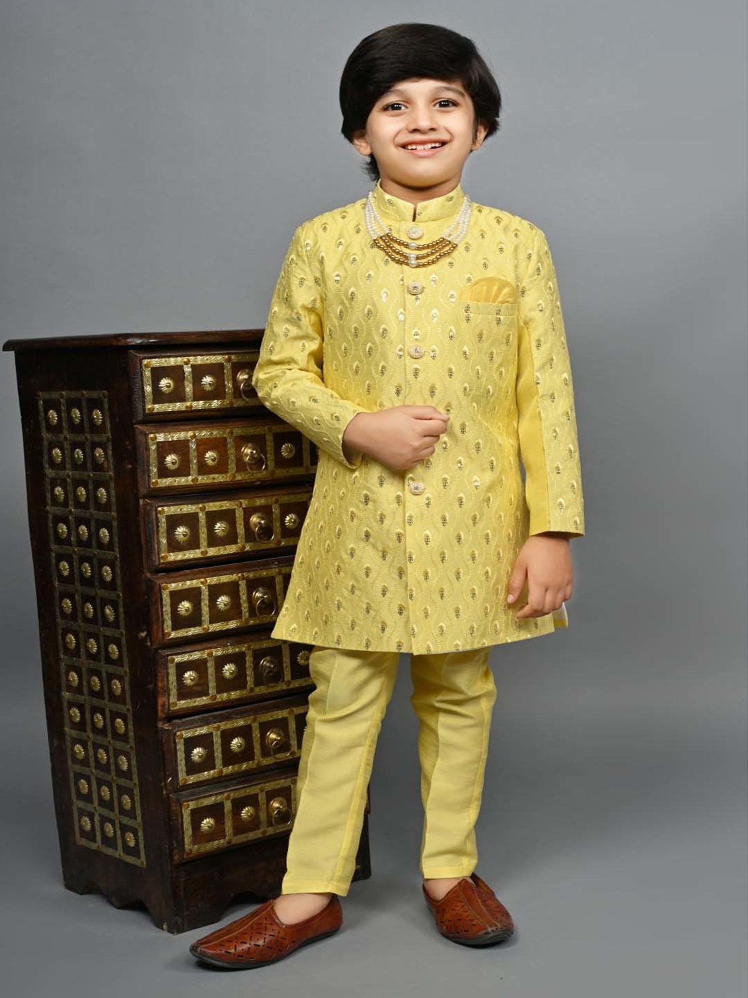 Ahhaaaa Kids Yellow Embellished Full Sleeves Sherwani Set