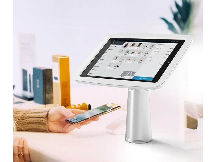 Beelta Retail Tablet Stand for 10.2 inch iPad 7th/8th Generation, Desk Mount iPad Stand, Business Locking POS iPad Stand Holder, 360 Swivel, for Office Reception, Aluminium Stand + Plastic Enclosure