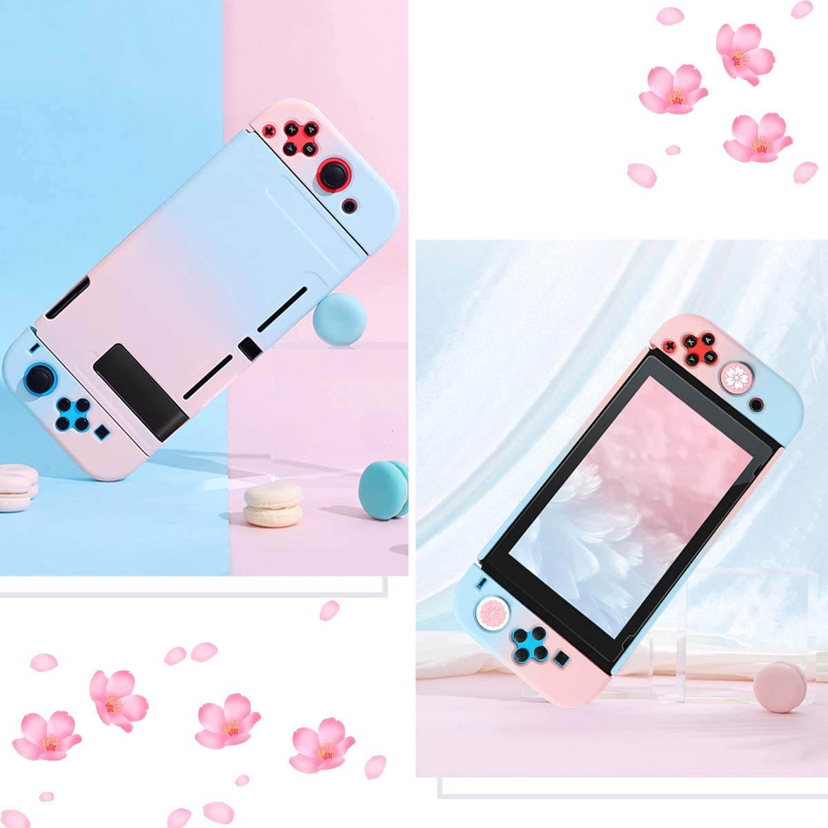 Dockable Case for Switch with 2 Sakura Flower Thumb Grip Caps, NS Protective Cover for Switch Console and Joy-Con Controllers, Gradient Hard Skin Case for Switch with 2 Silicone Sakura Joystick Caps
