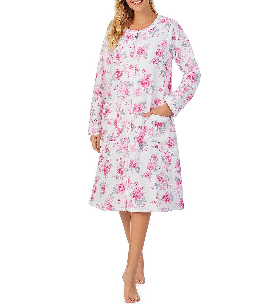 Eileen West Rose Print Diamond Quilt Knit Long Zip-Front Robe