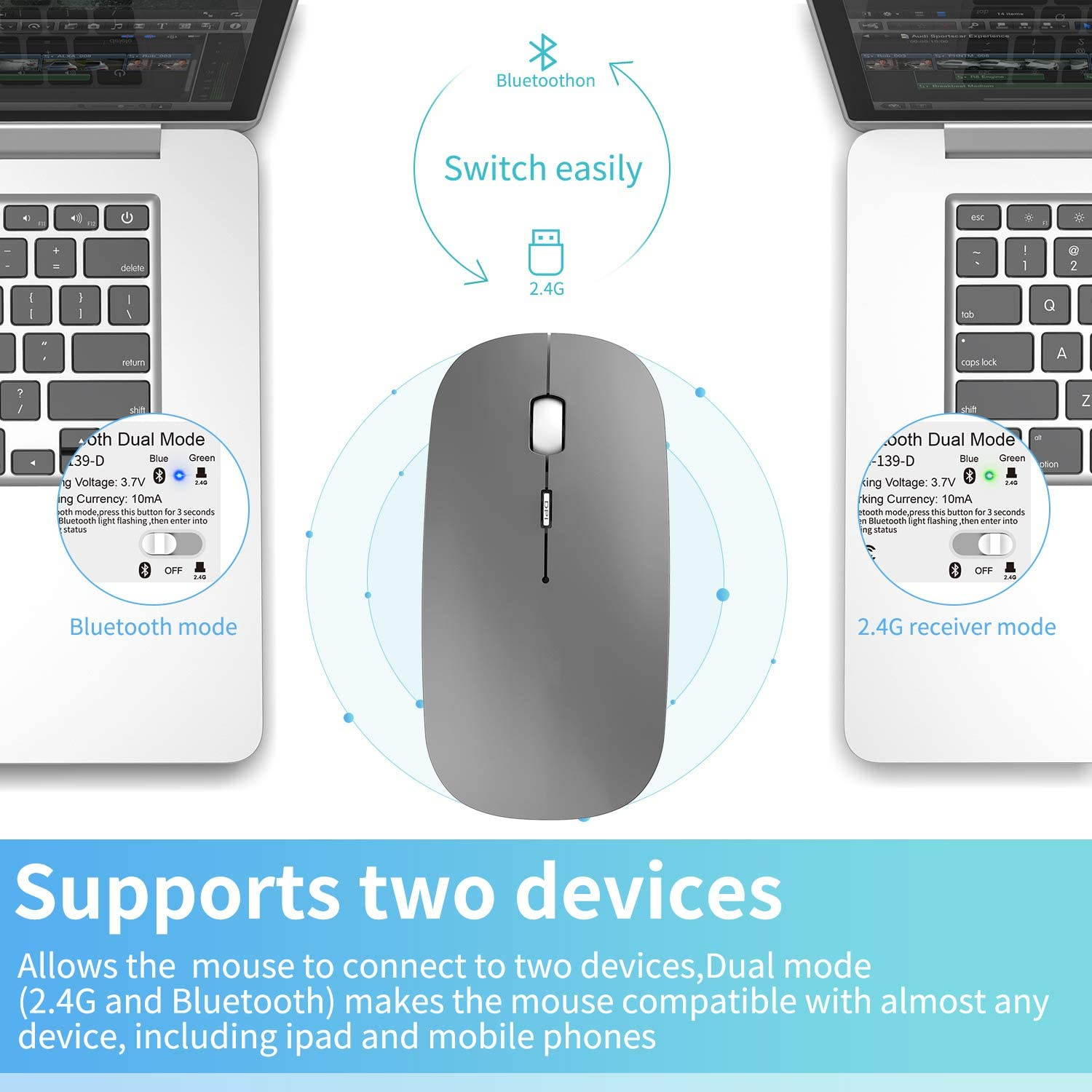 2.4GHz Wireless Bluetooth Mouse, 3 Adjustable DPI, Dual Mode Slim Rechargeable Wireless Mouse Silent USB Mice,Compatible for Laptop Windows Mac Android MAC PC Computer (Silver)