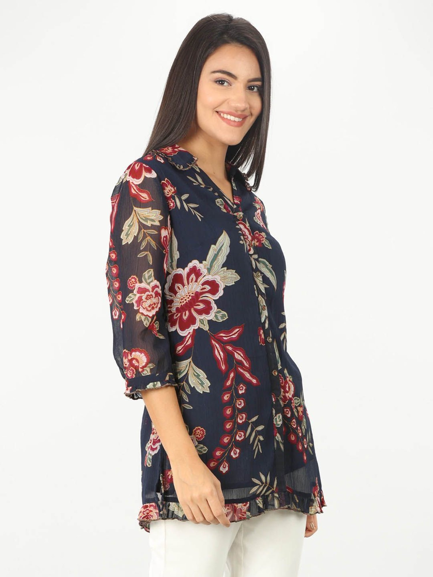 Mustard Navy Floral Print Shirt