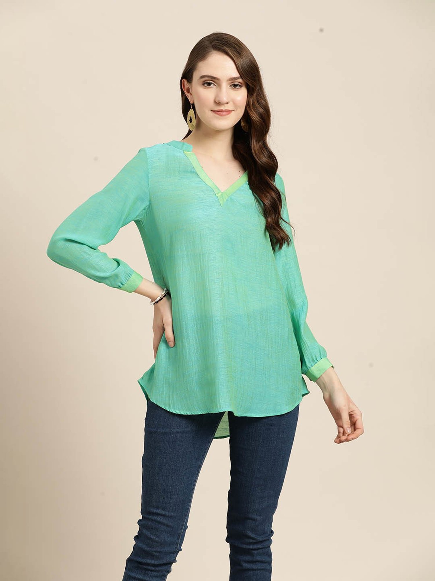 Qurvii Turquoise Silk Regular Fit Top